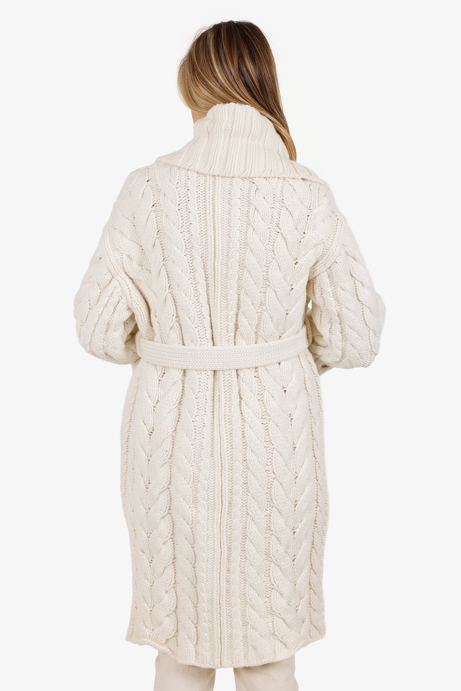 Dolce & Gabbana White Wool/Cashmere Oversized Belted Cable Knit Coat Size 38