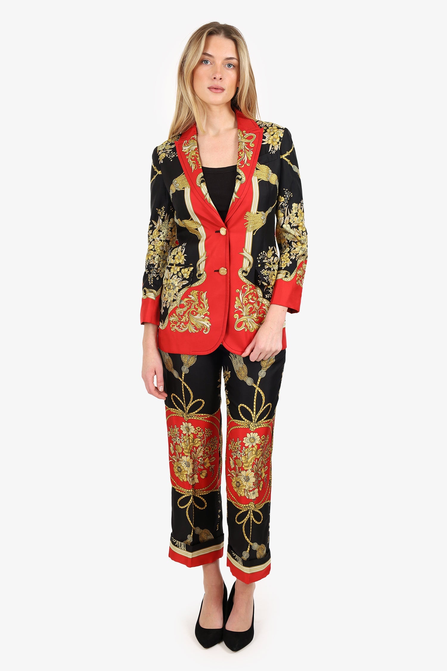 Gucci Black/Red Silk Printed Two-Piece Suits Size 36/38