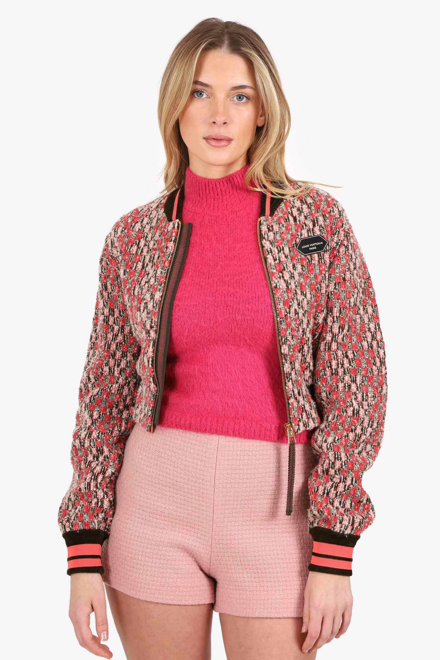 Louis Vuitton Pink Damier Tweed Cropped Bomber Jacket Size XS