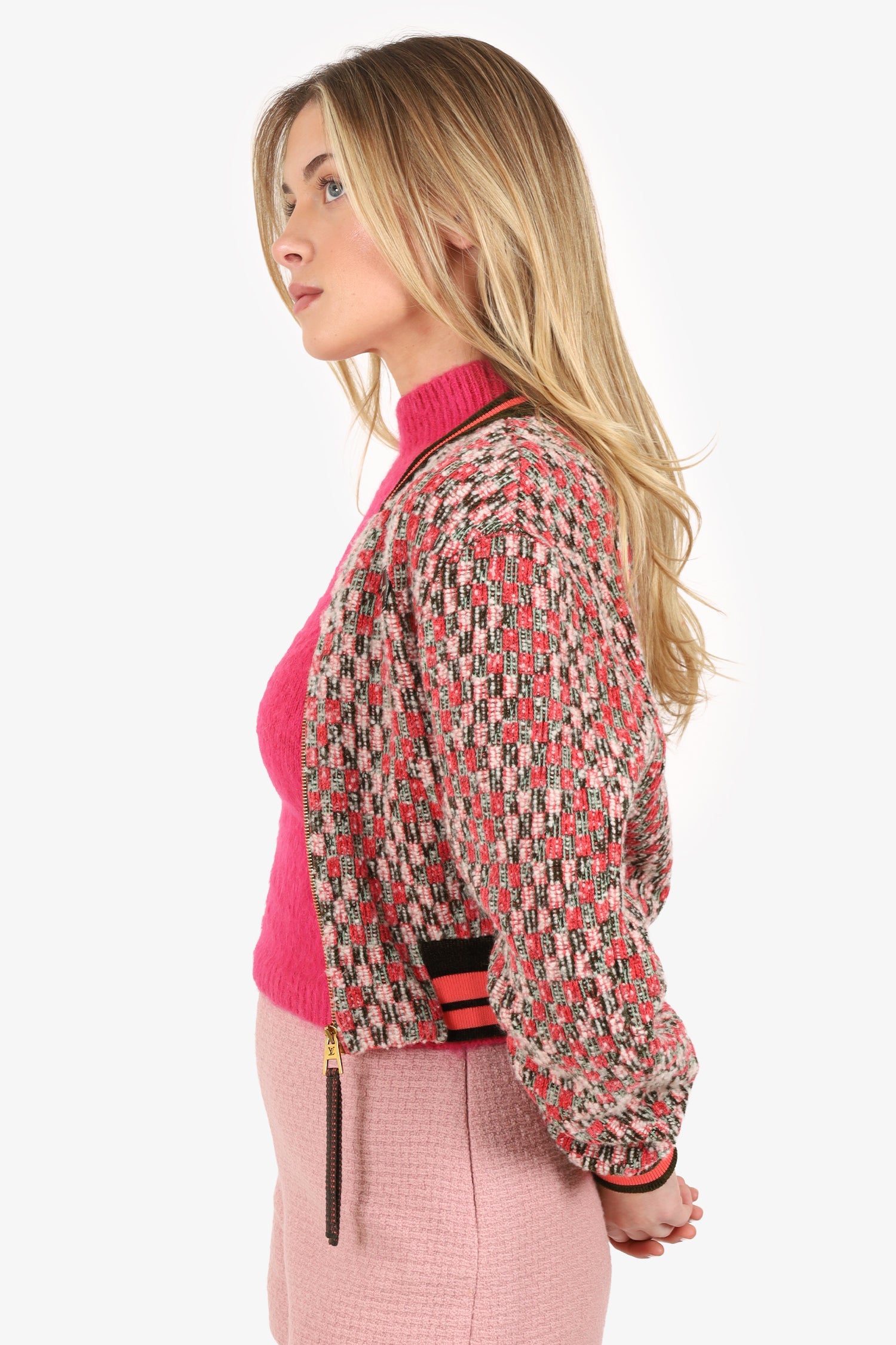 Louis Vuitton Pink Damier Tweed Cropped Bomber Jacket Size XS