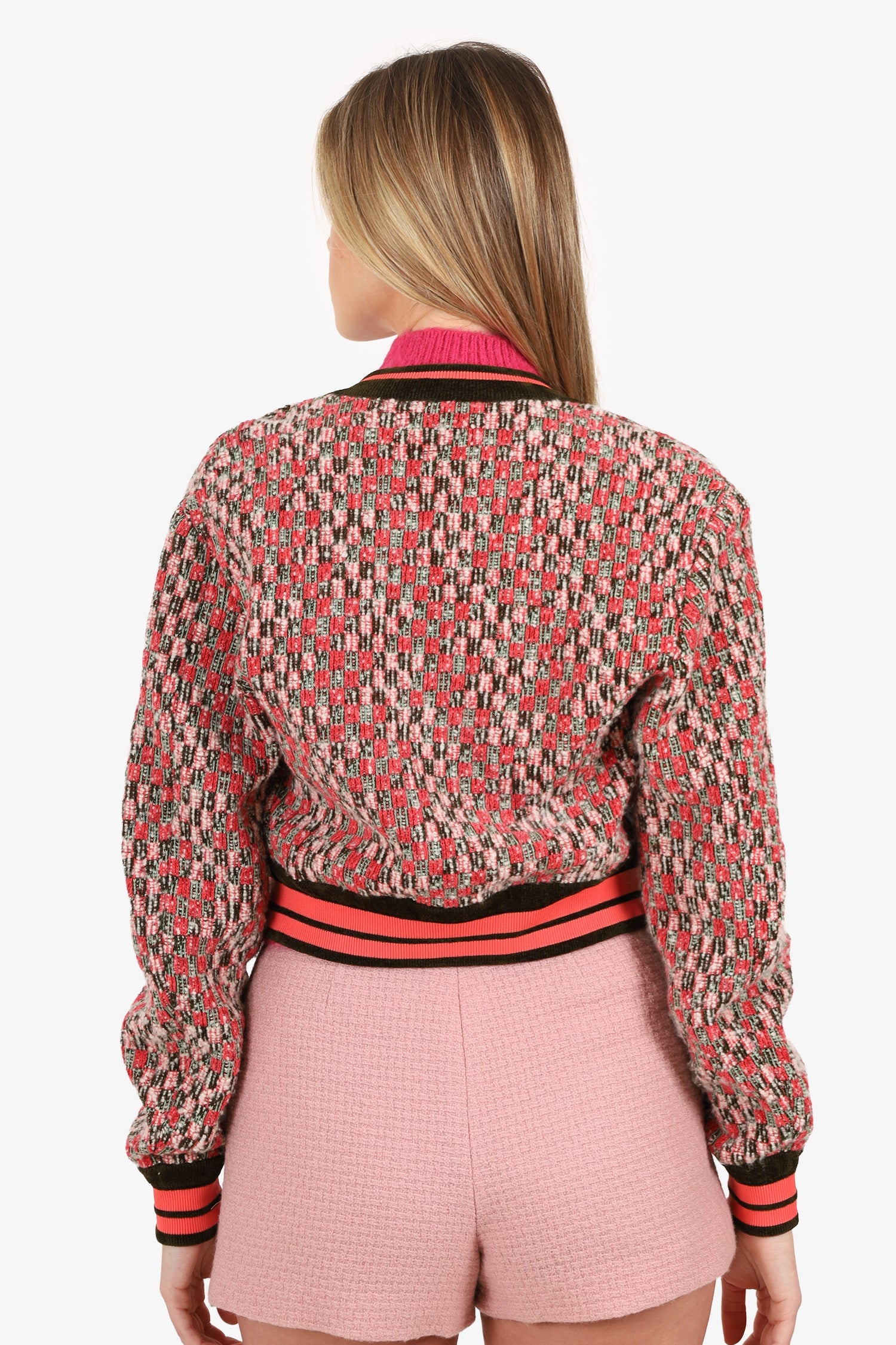 Louis Vuitton Pink Damier Tweed Cropped Bomber Jacket Size XS