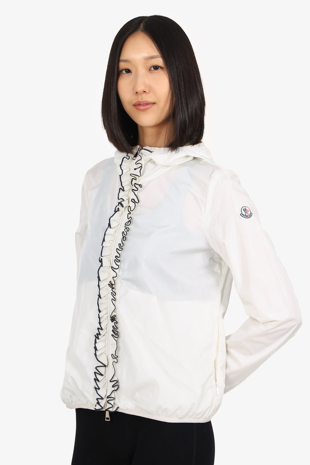 Moncler White Nylon Ruffled Zip-up Jacket Size 1