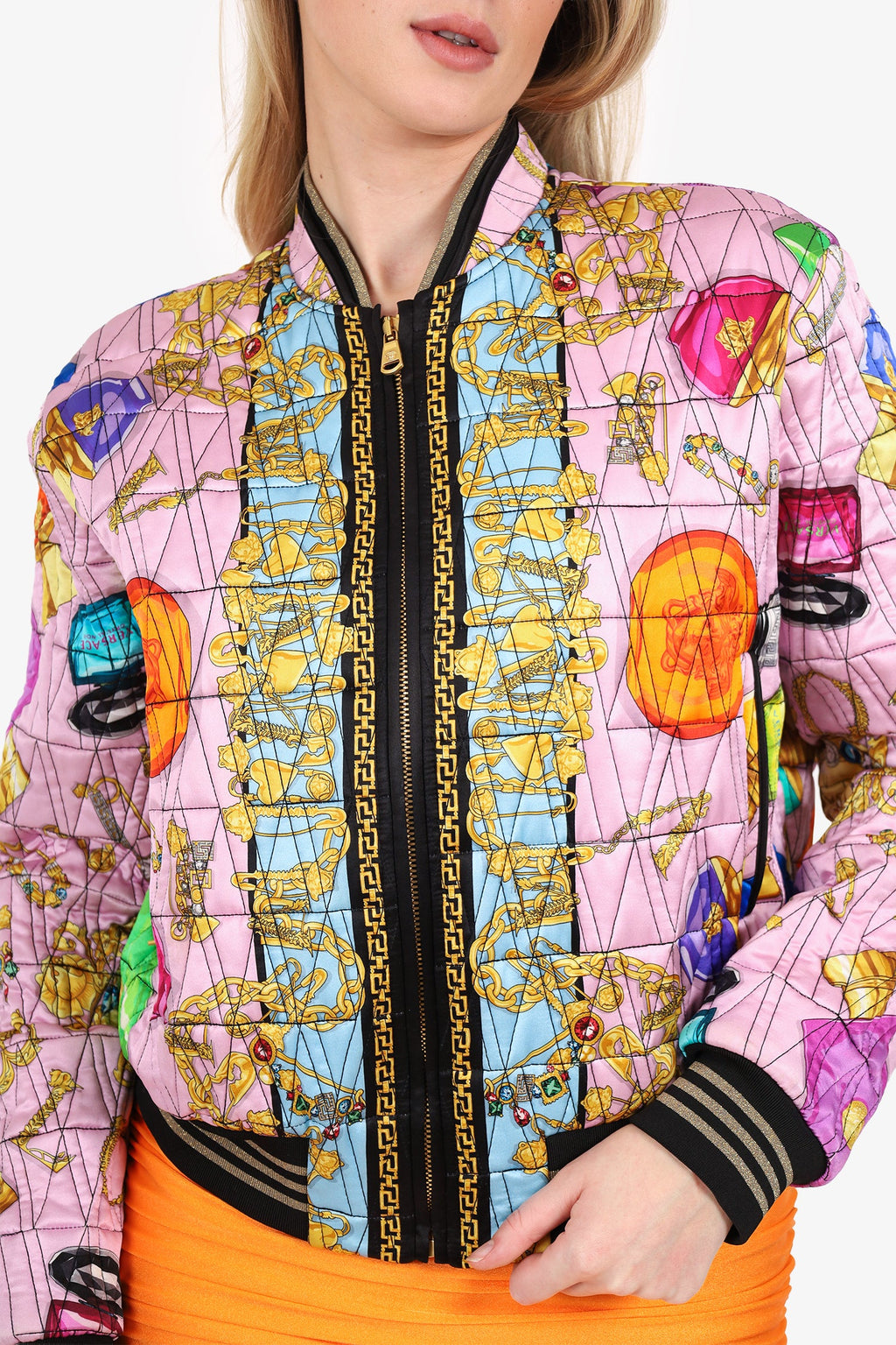 Versace Pink Silk Printed Bomber Jacket Size 44