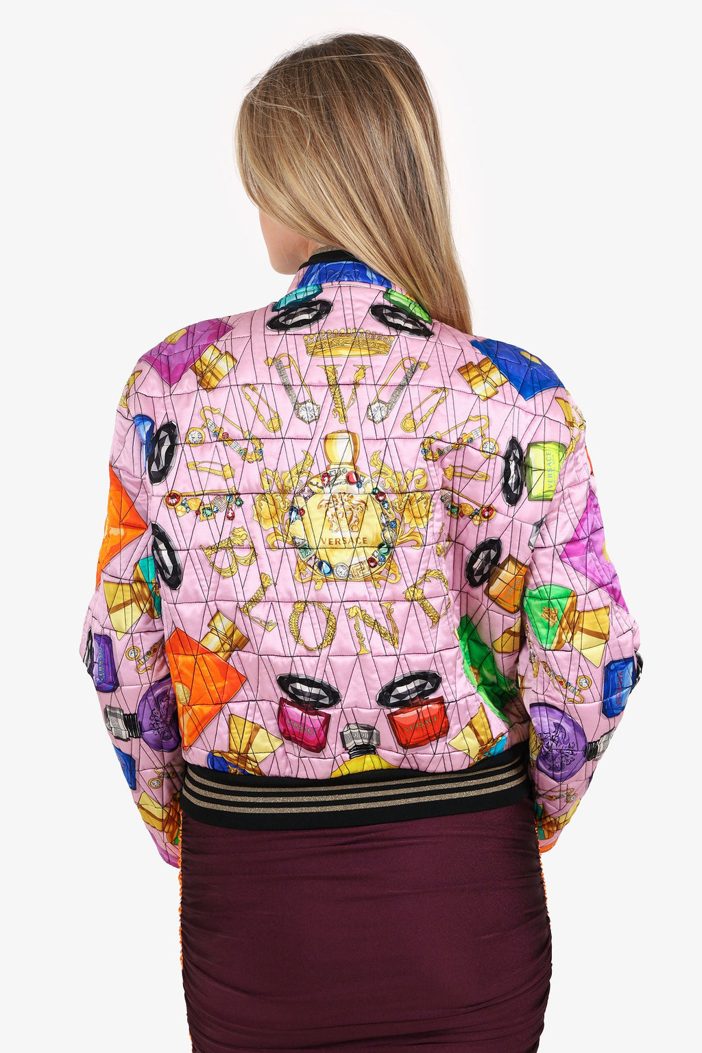 Versace Pink Silk Printed Bomber Jacket Size 44