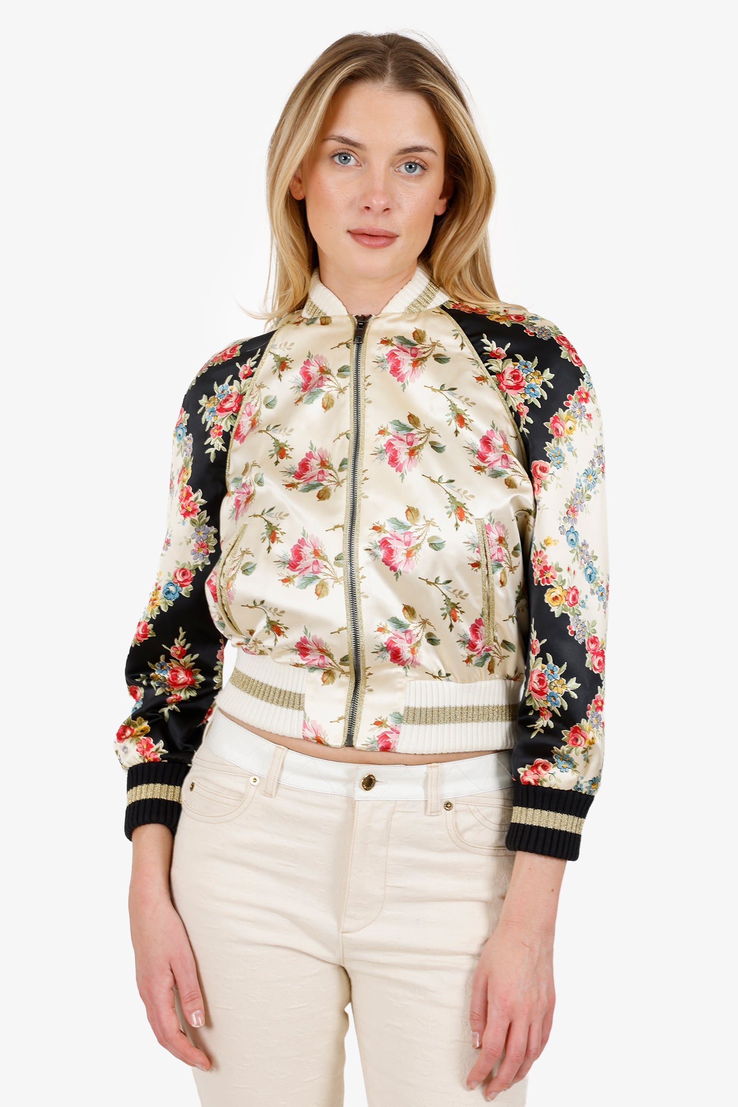 Gucci Beige/Black Silk Guccification Bomber Jacket Size 38