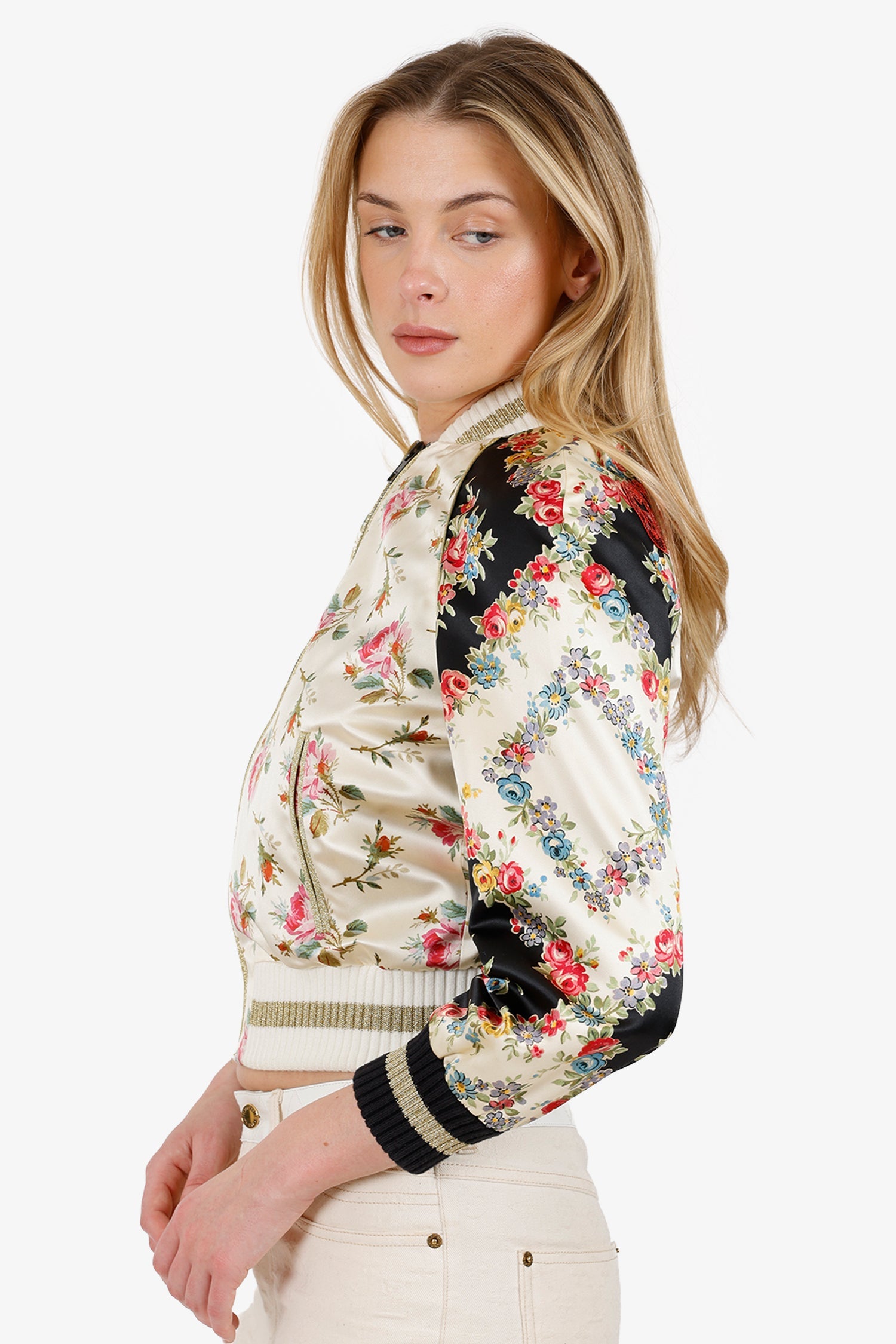 Gucci Beige/Black Silk Guccification Bomber Jacket Size 38