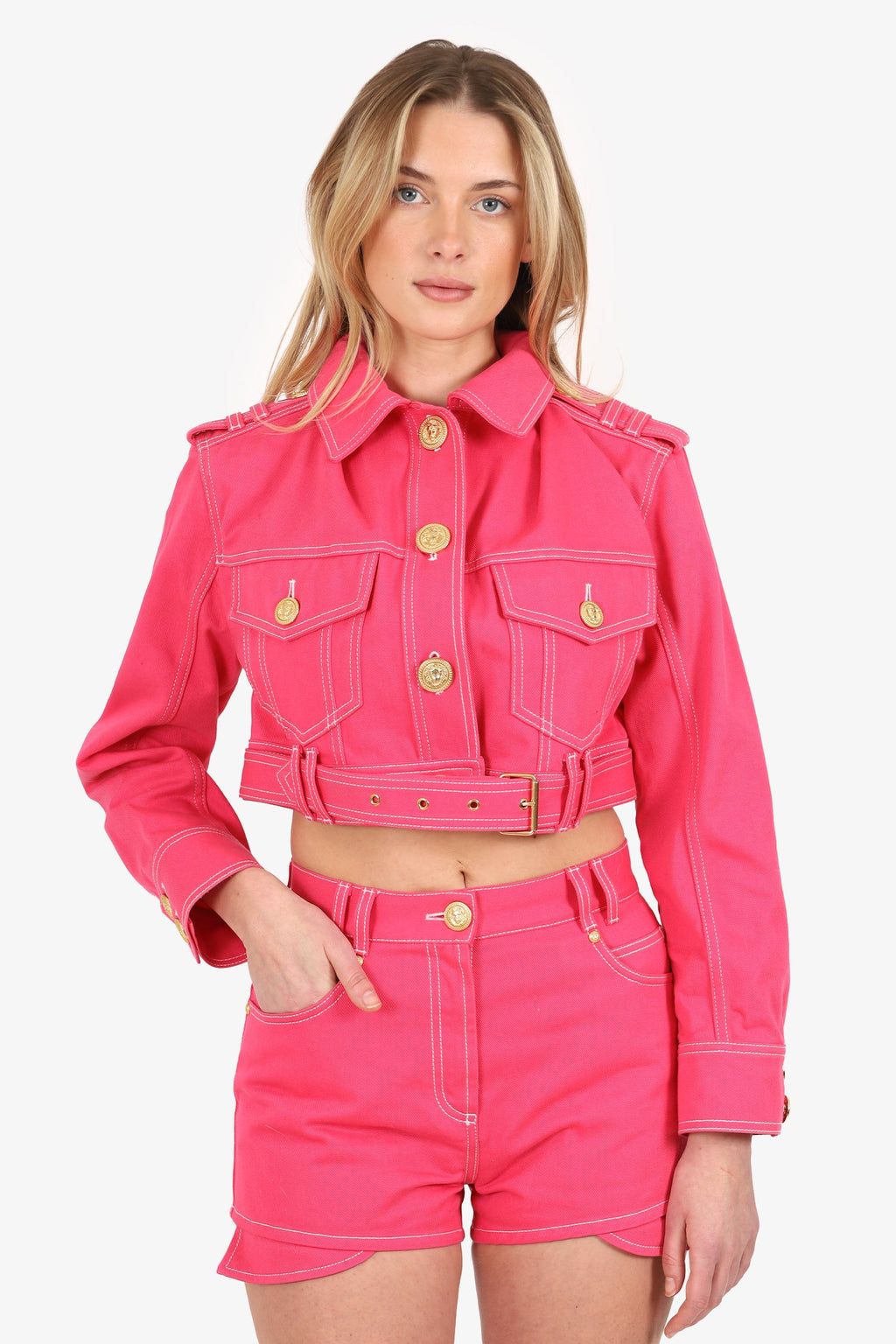 Balmain x Barbie Pink Cropped Denim Jacket With Mini Shorts Set Size 38