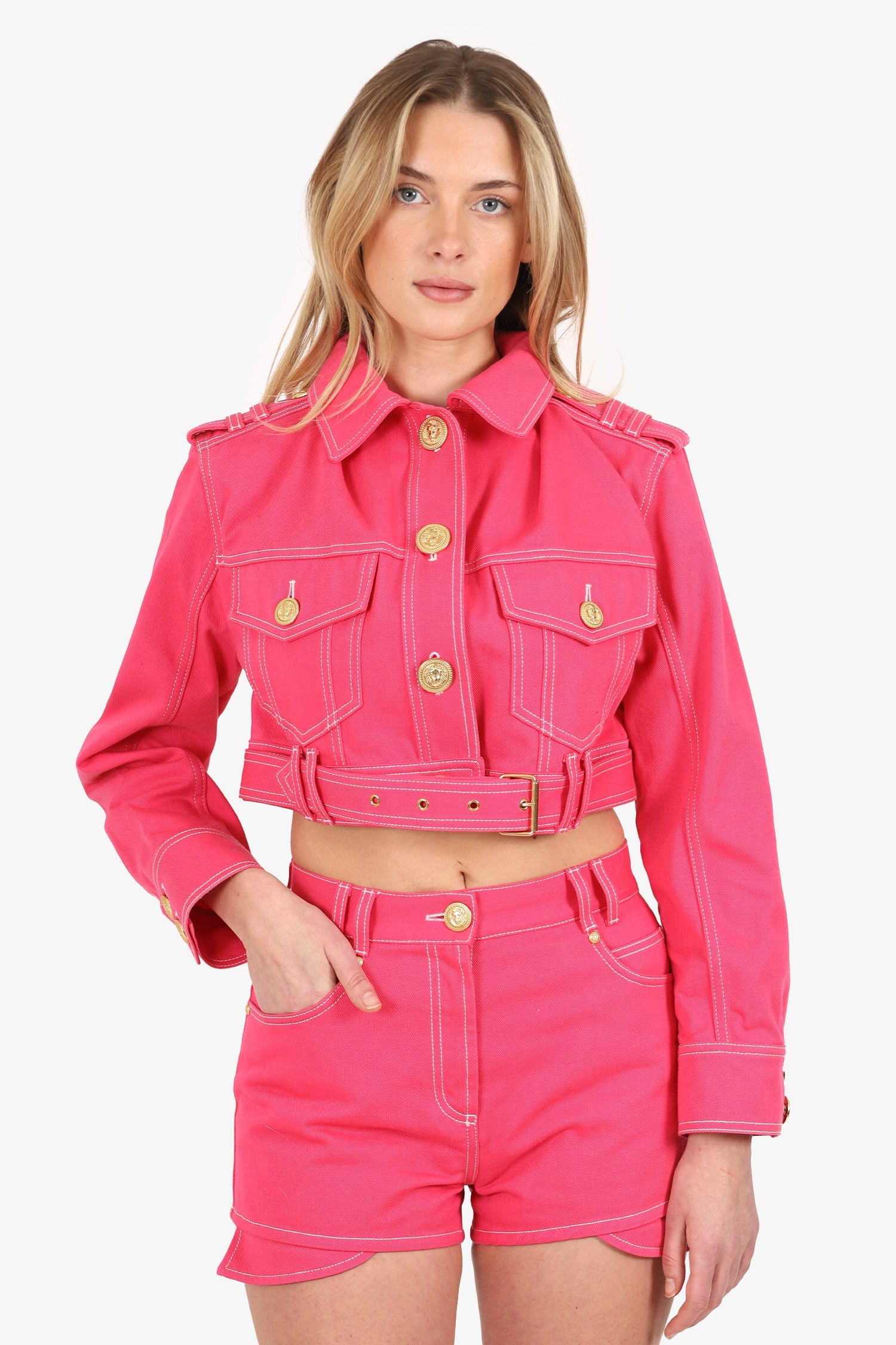 Balmain x Barbie Pink Cropped Denim Jacket With Mini Shorts Set Size 38