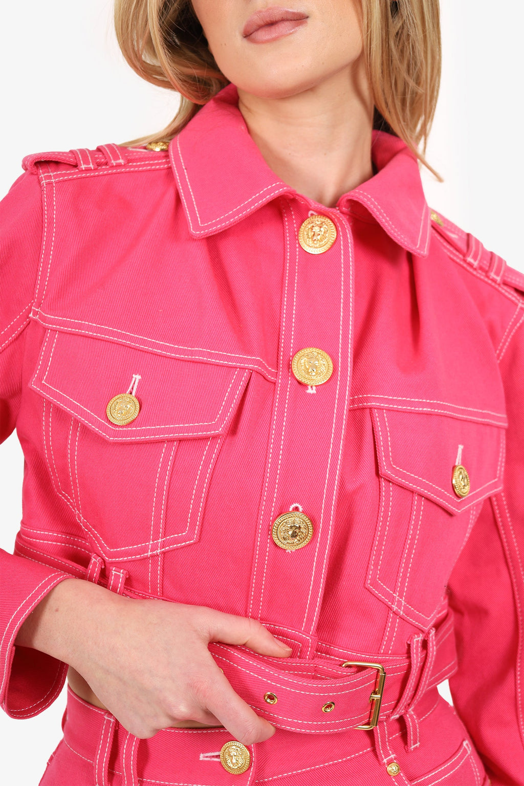 Balmain x Barbie Pink Cropped Denim Jacket With Mini Shorts Set Size 38