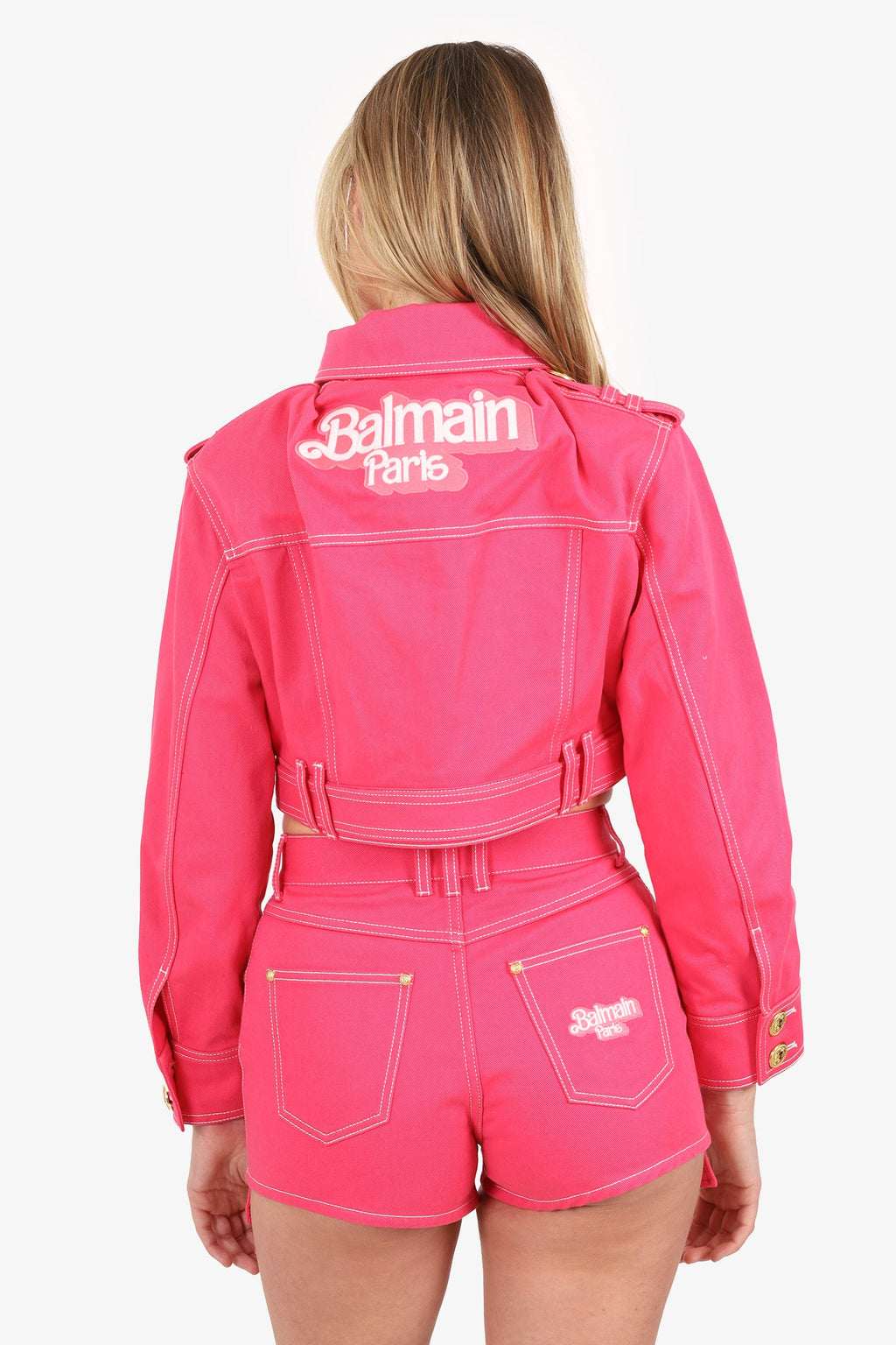 Balmain x Barbie Pink Cropped Denim Jacket With Mini Shorts Set Size 38