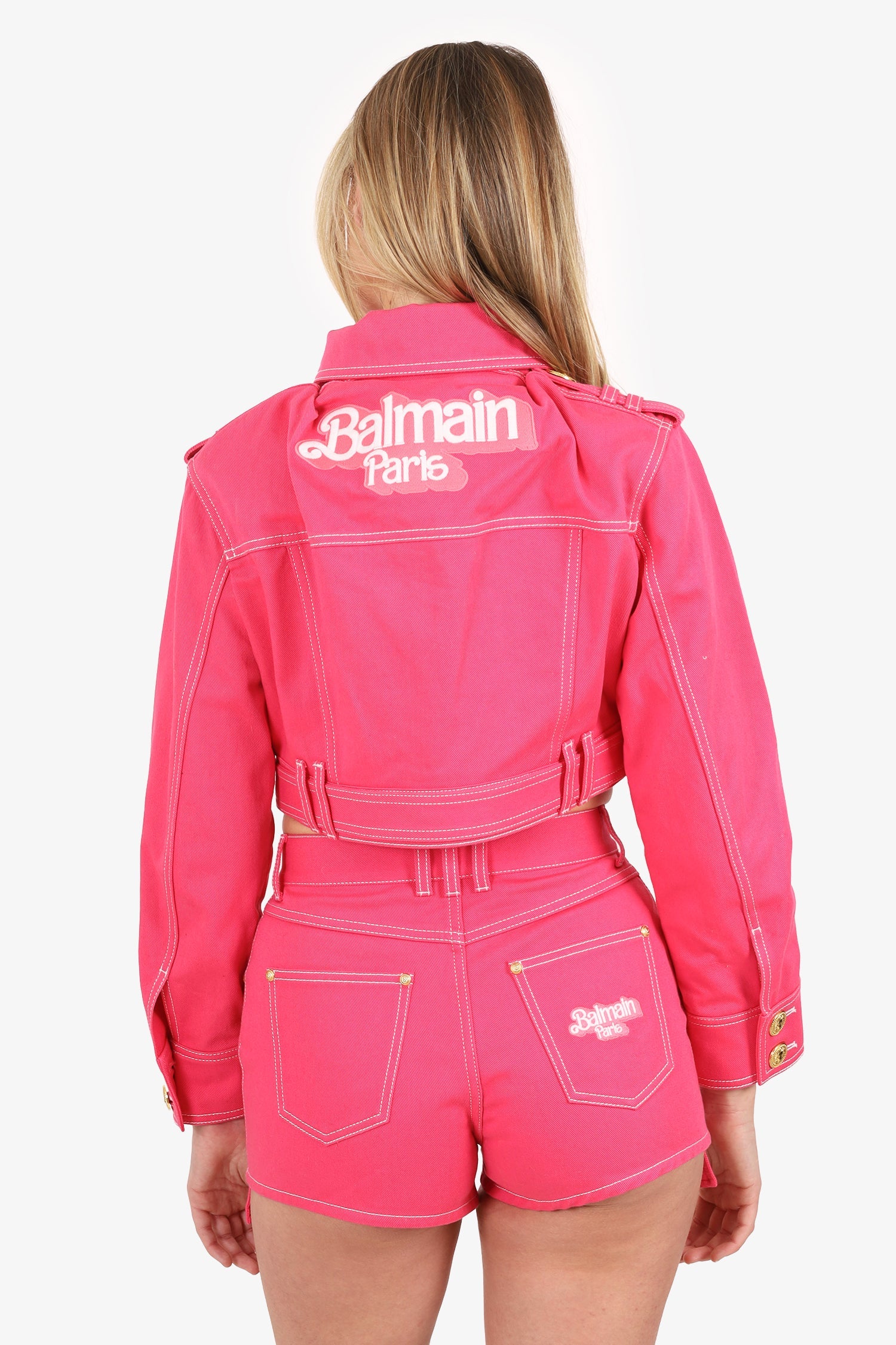 Balmain x Barbie Pink Cropped Denim Jacket With Mini Shorts Set Size 38