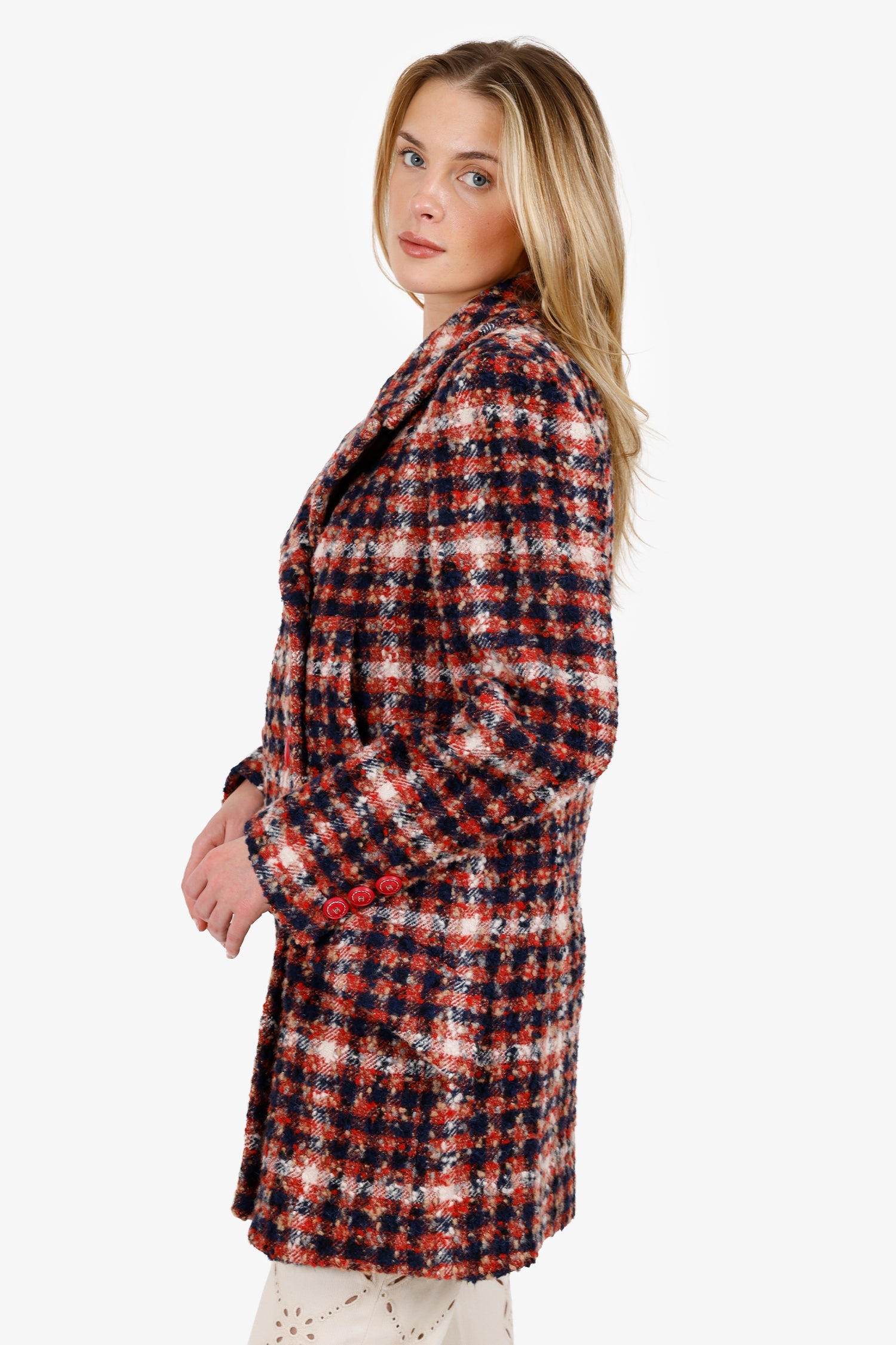 Pre-Loved Chanel™ Red Plaid Tweed CC Coat Size 36
