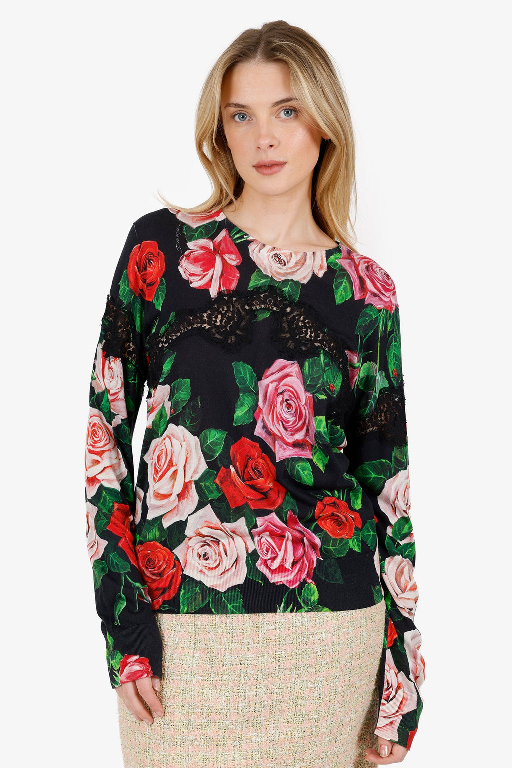 Dolce & Gabbana Black/Multicolor Floral Print Lace Knit Top Size 48