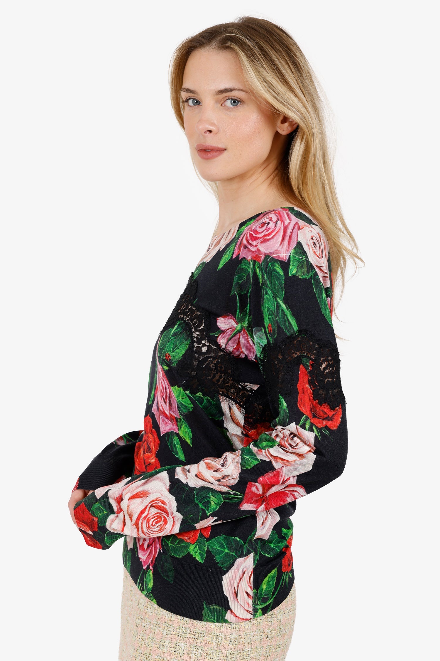 Dolce & Gabbana Black/Multicolor Floral Print Lace Knit Top Size 48
