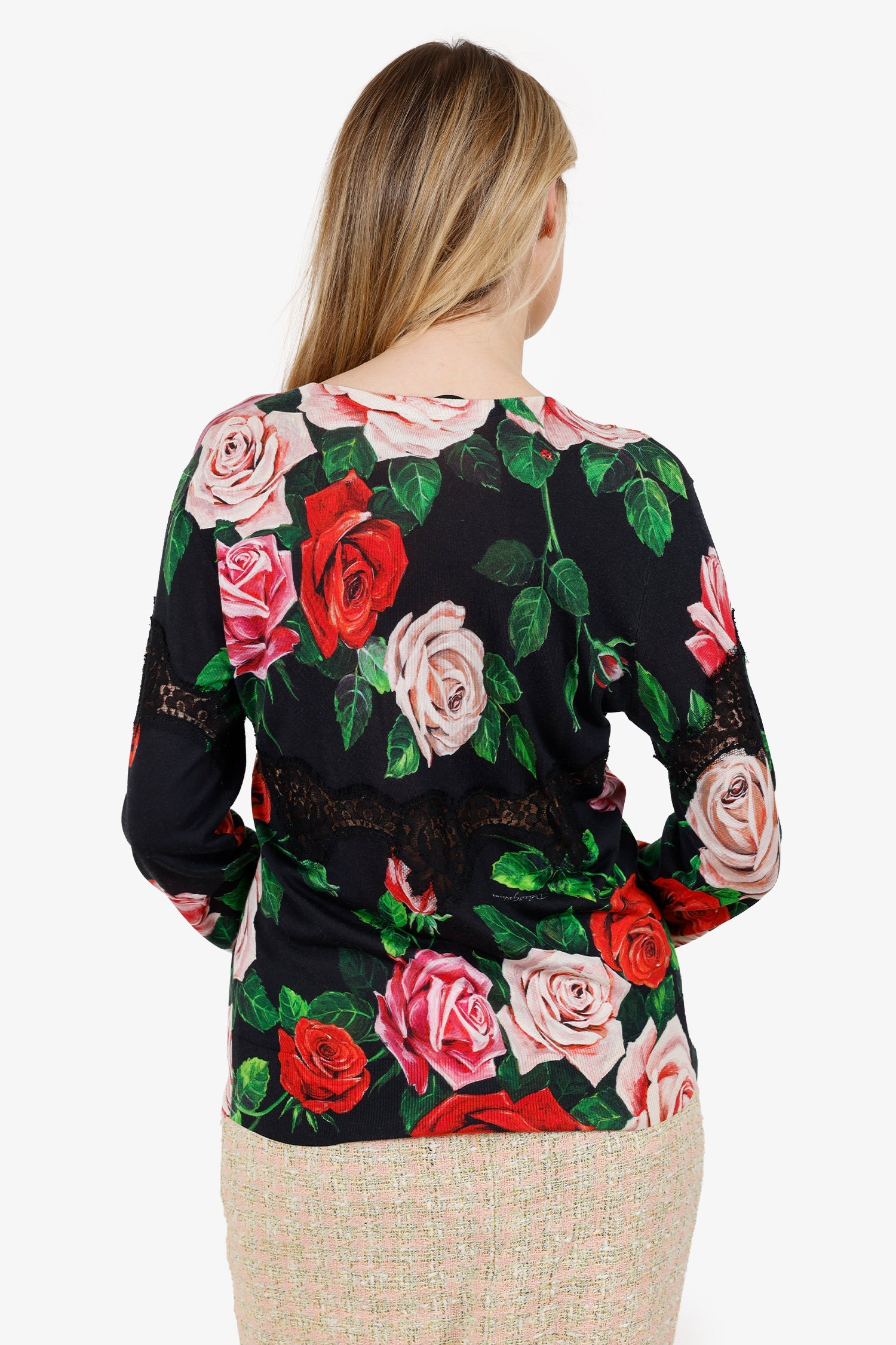 Dolce & Gabbana Black/Multicolor Floral Print Lace Knit Top Size 48