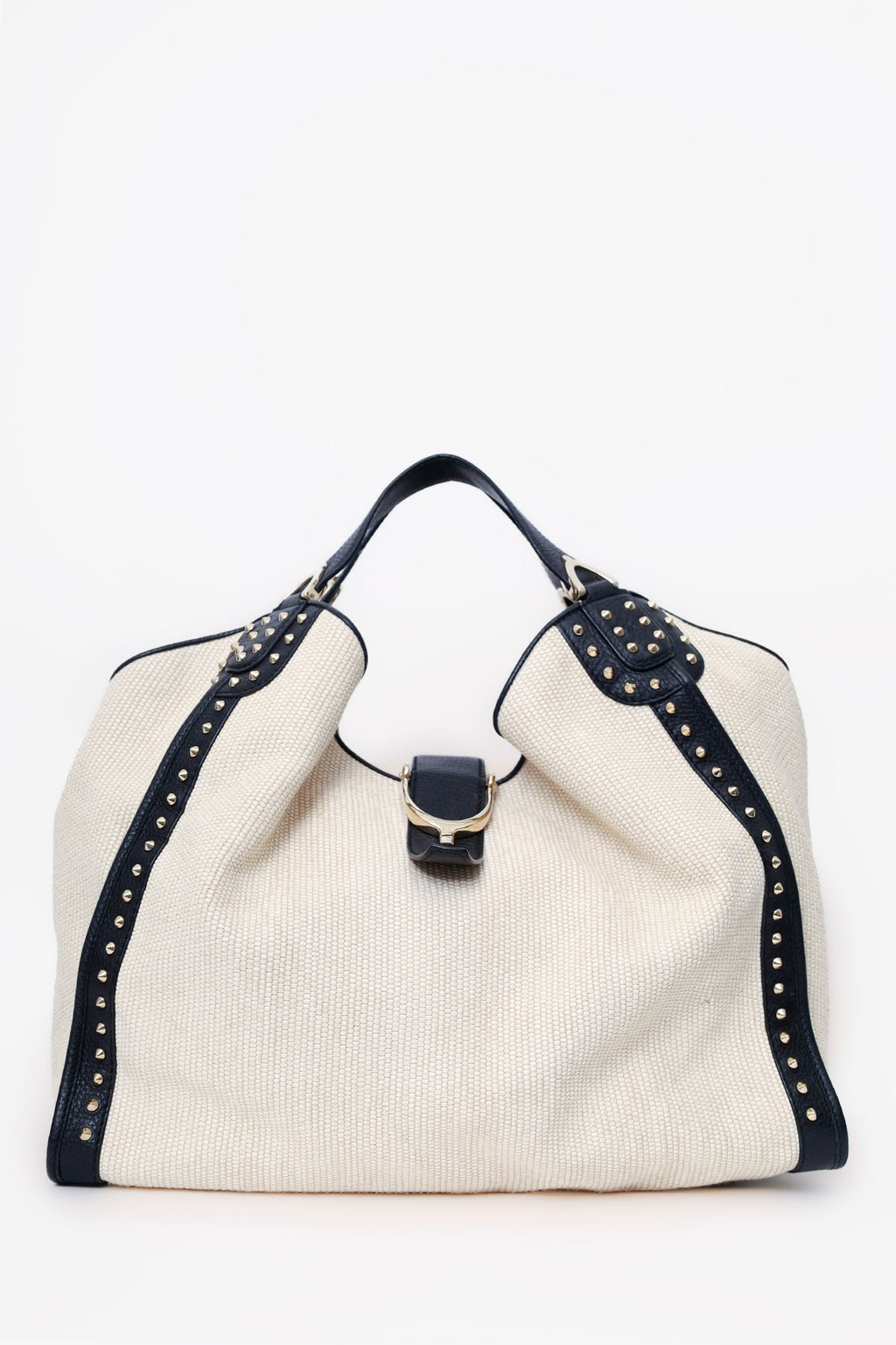 Gucci White Raffia Studded Large Stirrup Hobo