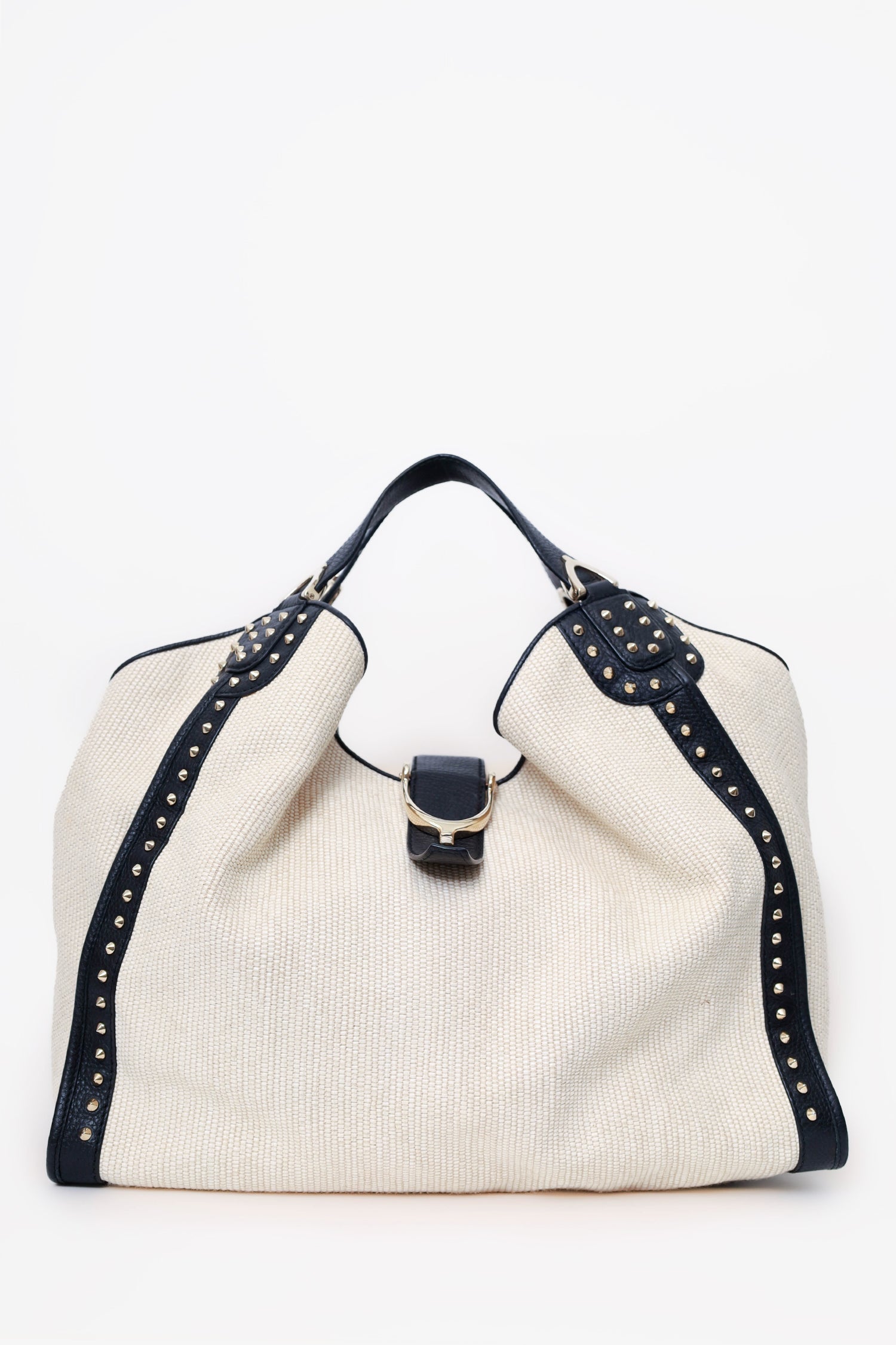 Gucci White Raffia Studded Large Stirrup Hobo