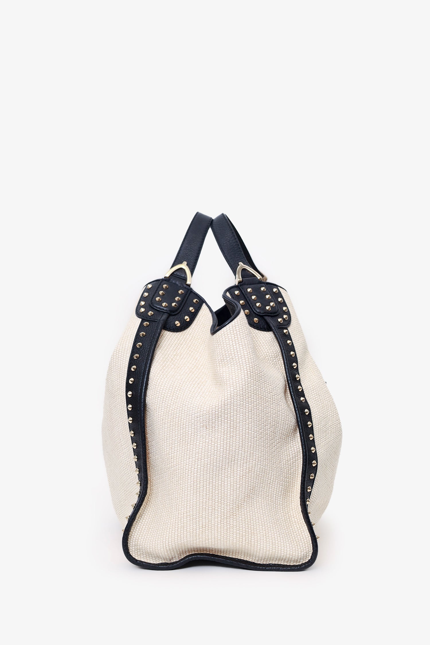 Gucci White Raffia Studded Large Stirrup Hobo