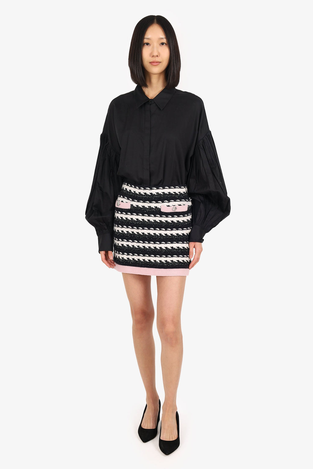 Pre-Loved Chanel™ 22B Black/White/Pink Cashmere Striped Knit Mini Skirt Size 34