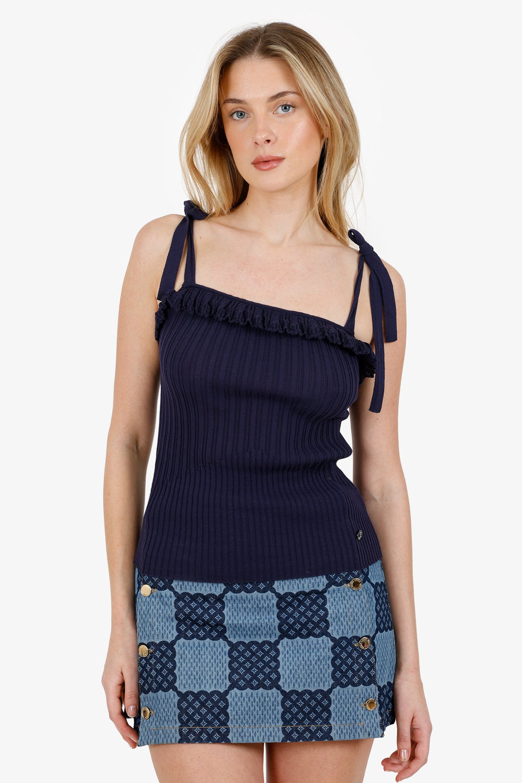 Pre-Loved Chanel™ 20P Navy Ribbed Knit Ruffled Tank Top Size 34
