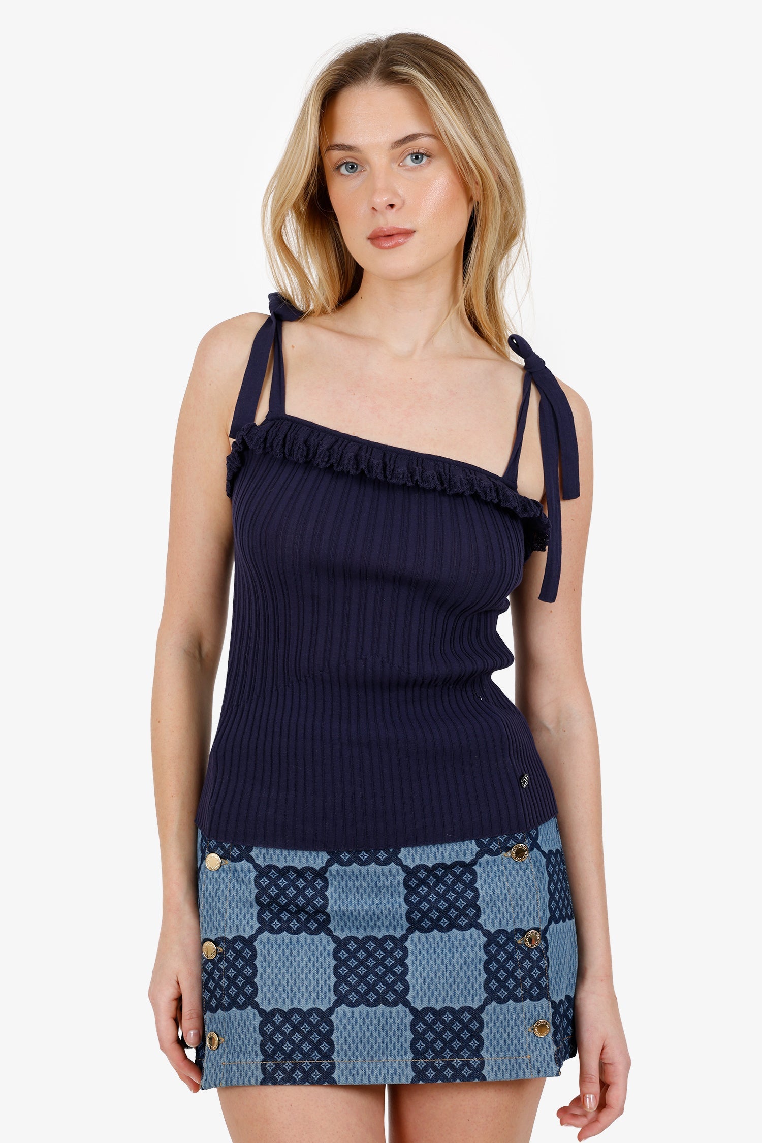 Pre-Loved Chanel™ 20P Navy Ribbed Knit Ruffled Tank Top Size 34