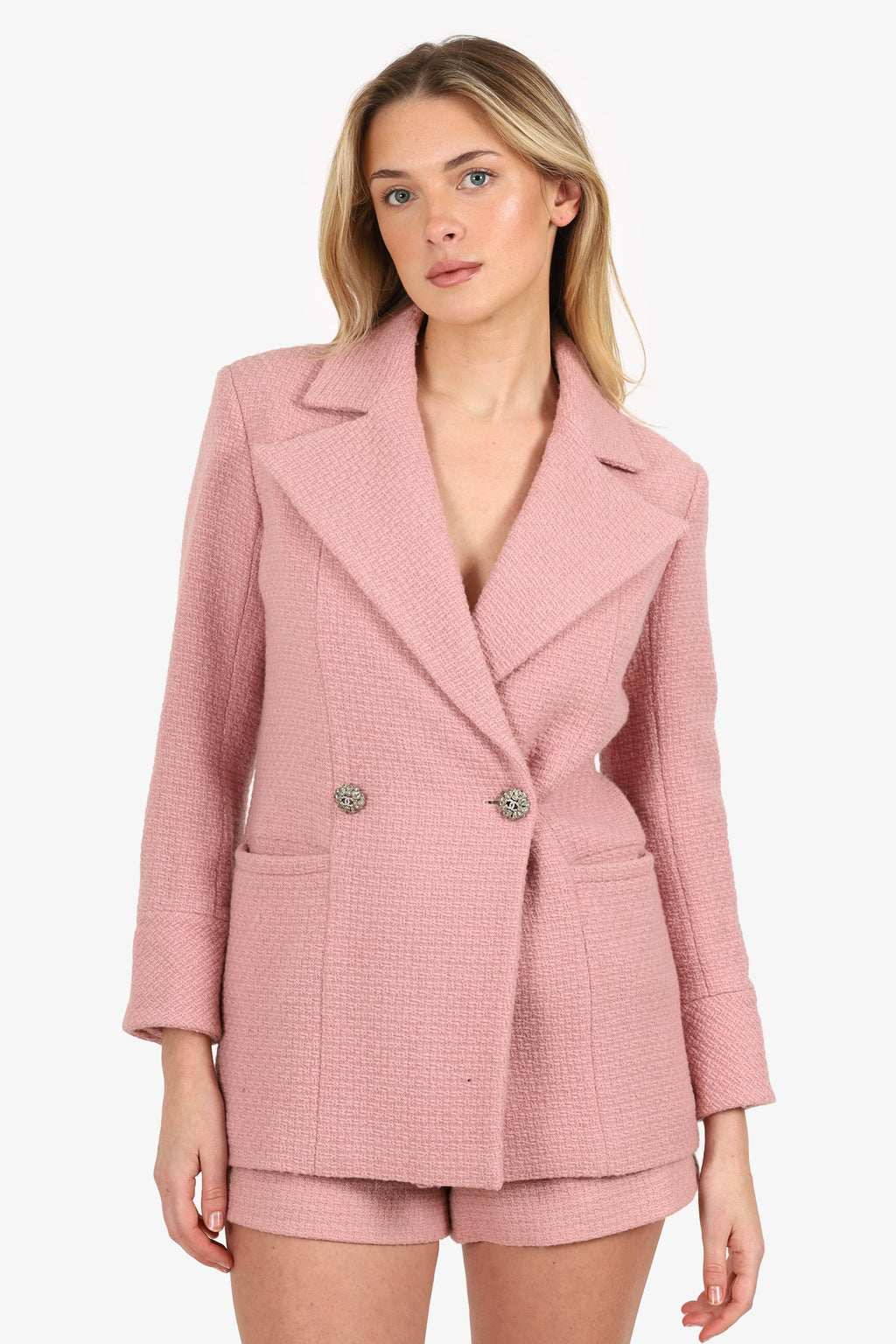 Pre-Loved Chanel™ 22K Pink Wool Tweed CC Jewel Buttons Blazer Size 34
