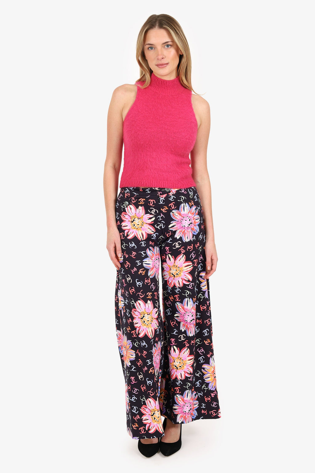 Pre-Loved Chanel™ 24S Black/Multicolour Camellia CC Print Wide Leg Pants Size 34