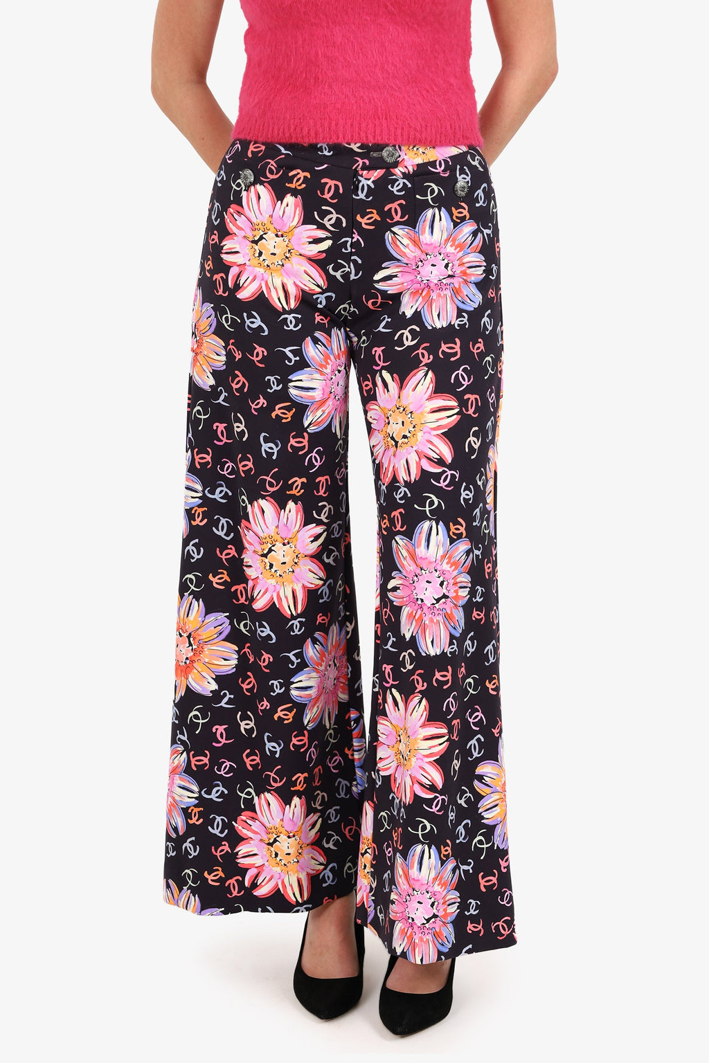 Pre-Loved Chanel™ 24S Black/Multicolour Camellia CC Print Wide Leg Pants Size 34