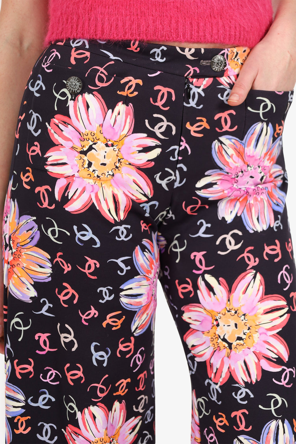 Pre-Loved Chanel™ 24S Black/Multicolour Camellia CC Print Wide Leg Pants Size 34