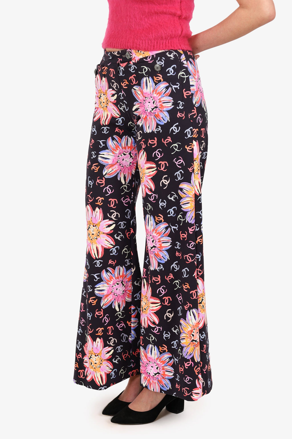 Pre-Loved Chanel™ 24S Black/Multicolour Camellia CC Print Wide Leg Pants Size 34
