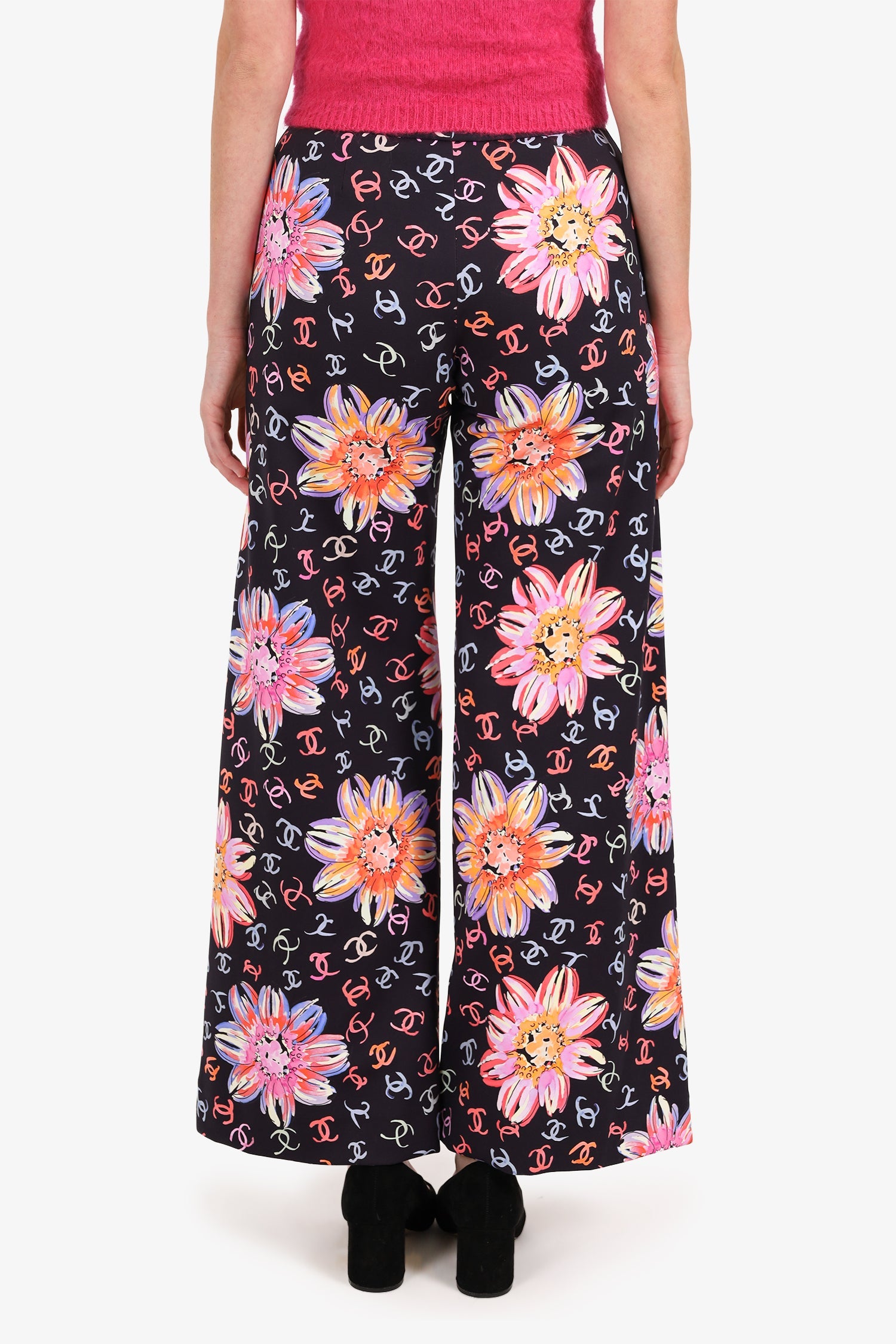 Pre-Loved Chanel™ 24S Black/Multicolour Camellia CC Print Wide Leg Pants Size 34