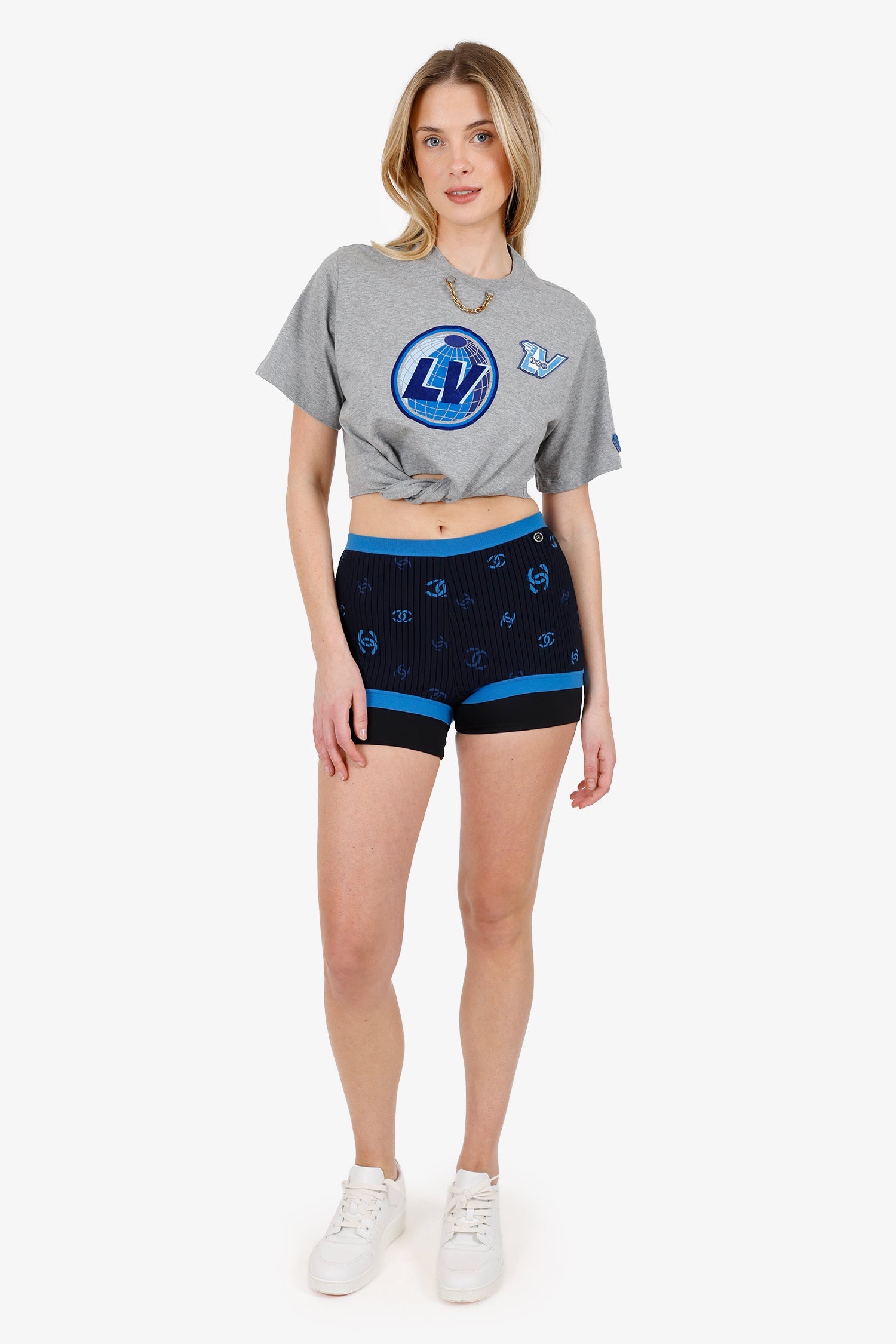 Chanel 22S Black/Blue Ribbed Knit CC Mini Shorts Size M
