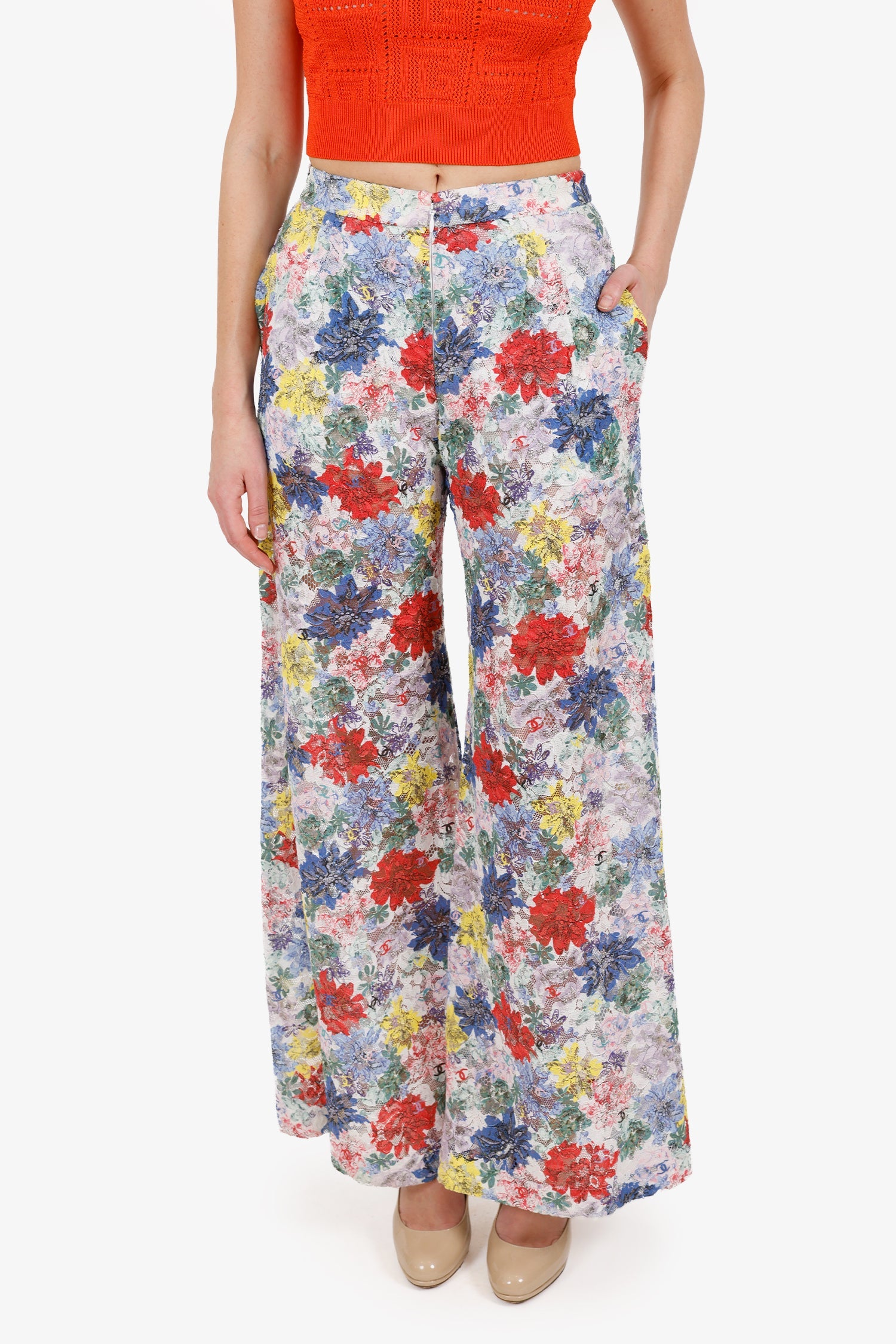 Pre-Loved Chanel™ 24S Multicolour Lace CC Floral Print Wide Leg Pants Size 34