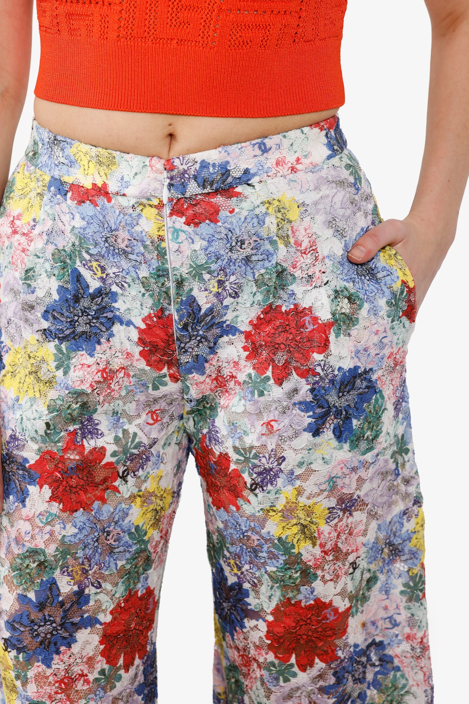 Pre-Loved Chanel™ 24S Multicolour Lace CC Floral Print Wide Leg Pants Size 34
