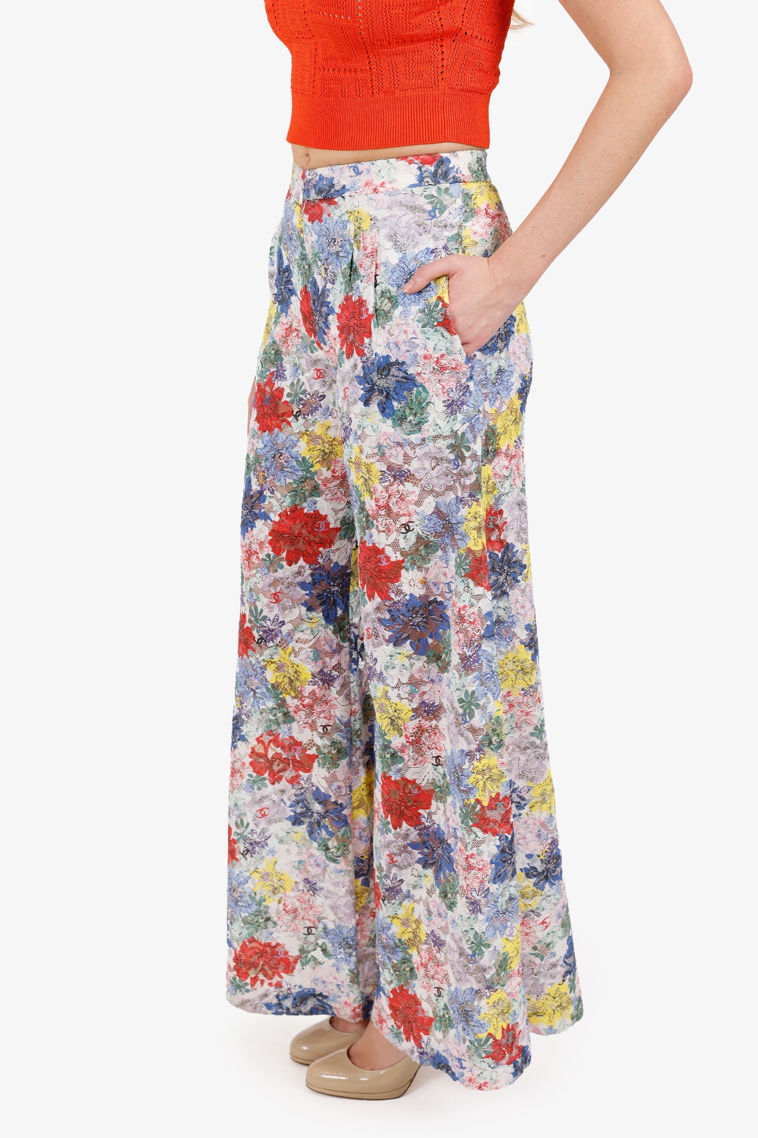 Pre-Loved Chanel™ 24S Multicolour Lace CC Floral Print Wide Leg Pants Size 34