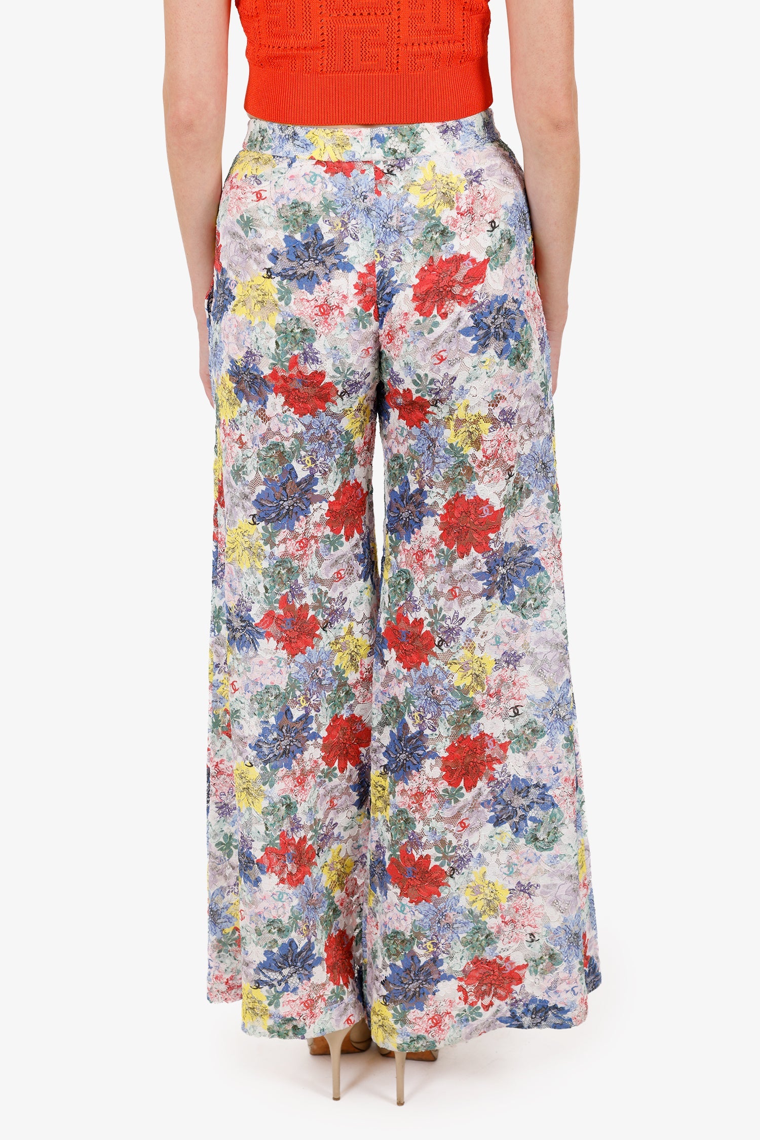 Pre-Loved Chanel™ 24S Multicolour Lace CC Floral Print Wide Leg Pants Size 34