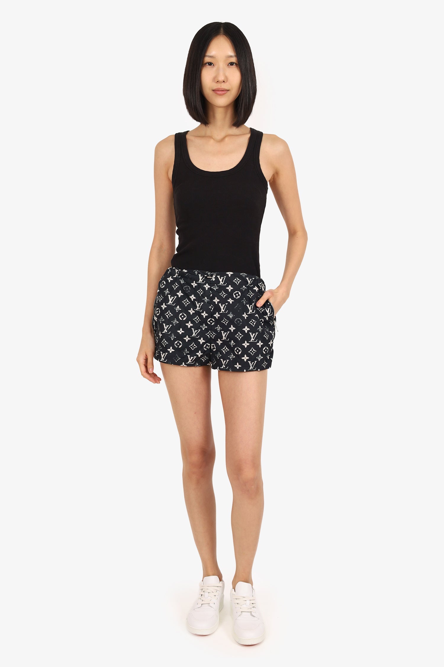 Louis Vuitton Black/White Nylon Monogram Shorts Size 34