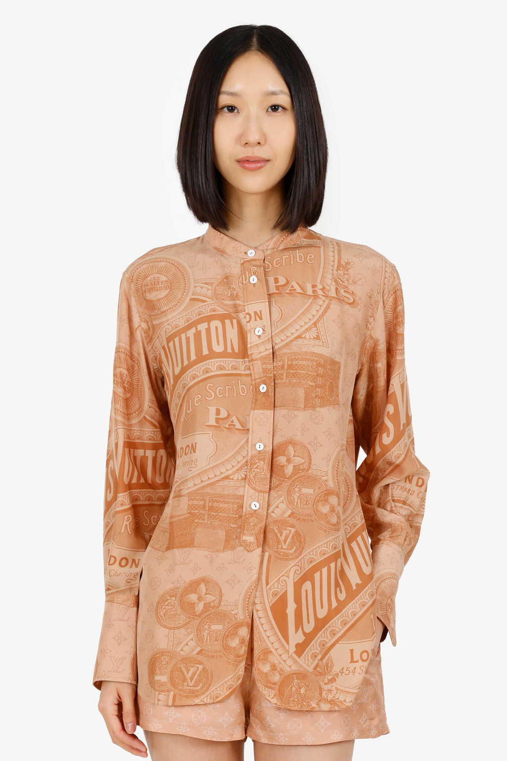 Louis Vuitton Brown Silk Vintage Print Button Down Shirt Size 36