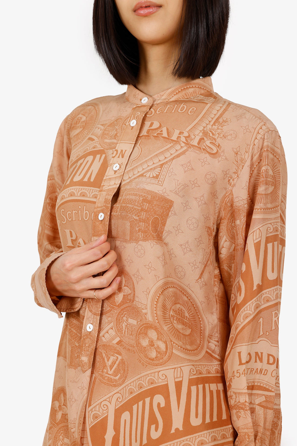 Louis Vuitton Brown Silk Vintage Print Button Down Shirt Size 36