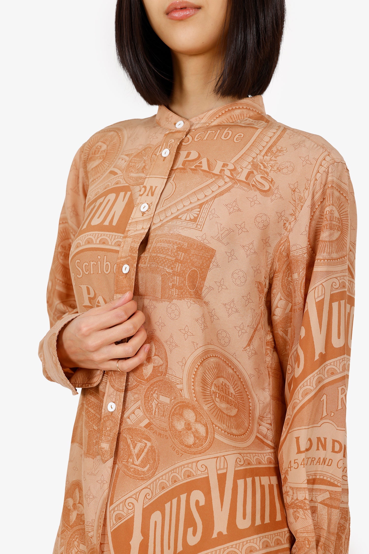Louis Vuitton Brown Silk Vintage Print Button Down Shirt Size 36