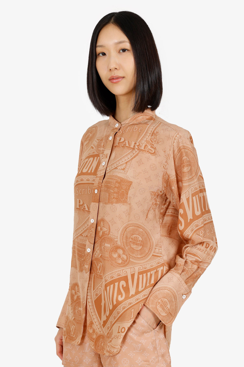 Louis Vuitton Brown Silk Vintage Print Button Down Shirt Size 36