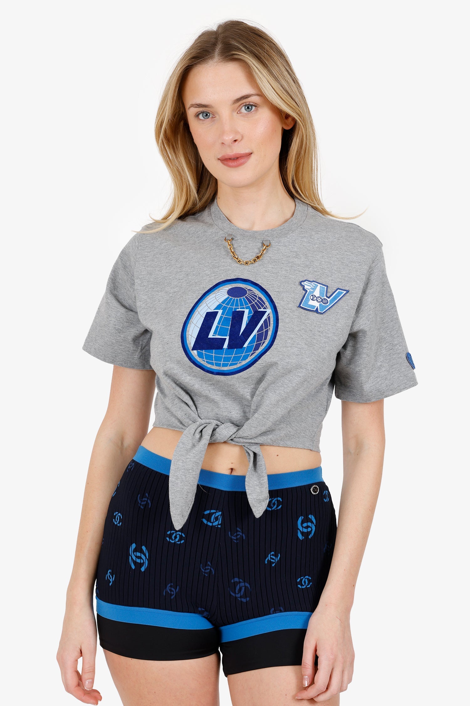 Louis Vuitton Grey Earth Embroidered Letter Cropped T-Shirt Size XS