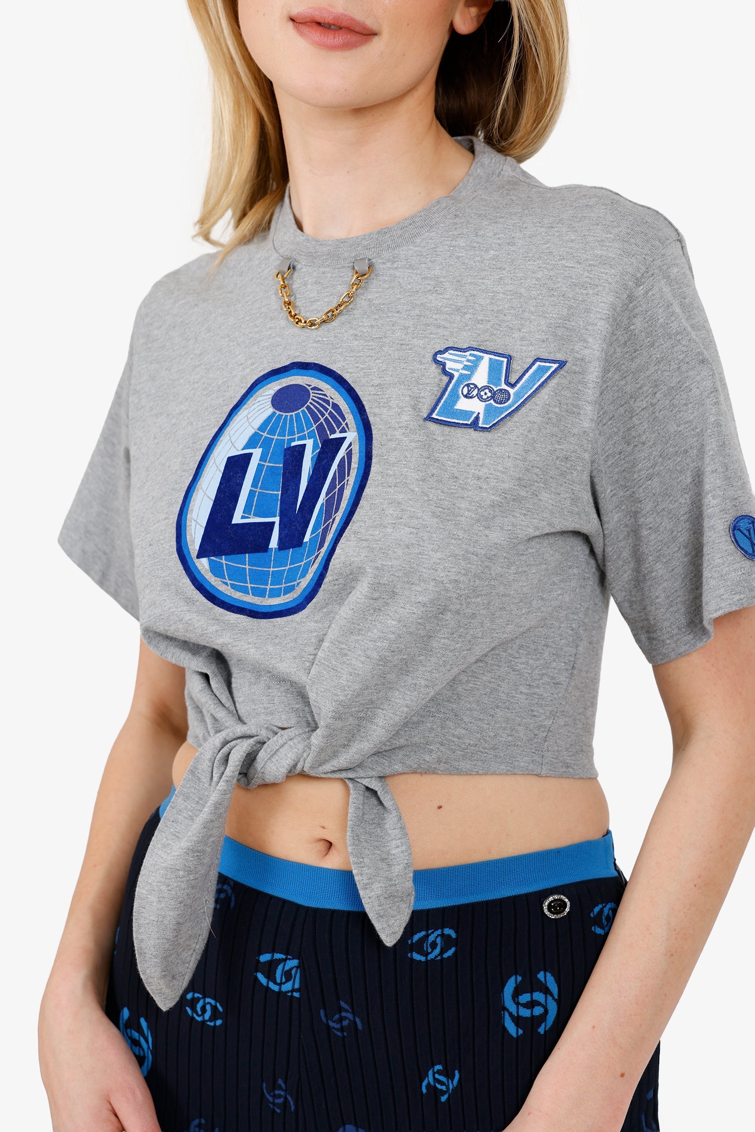 Louis Vuitton Grey Earth Embroidered Letter Cropped T-Shirt Size XS