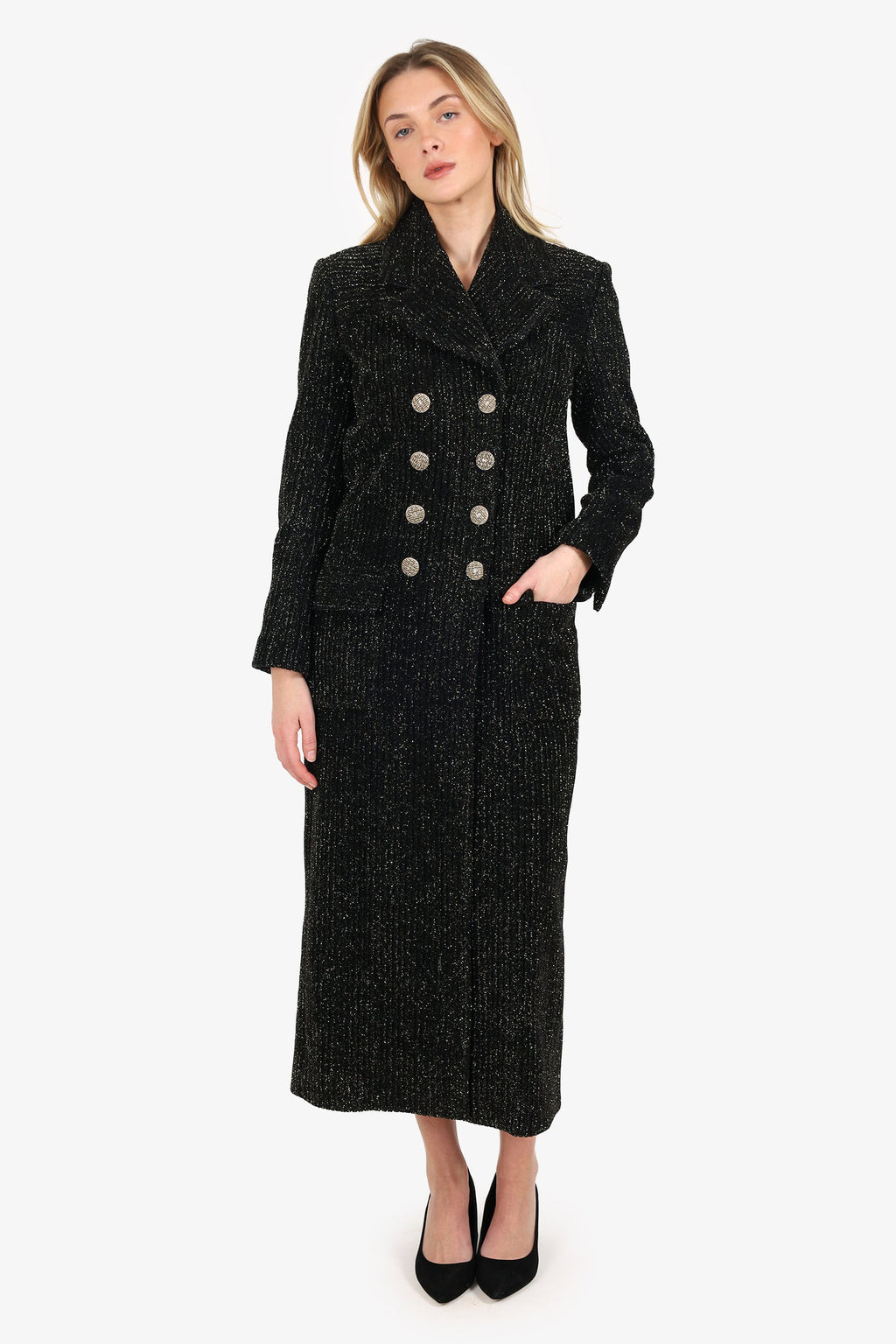 Pre-Loved Chanel™ Misty Forest Series Black/Gold Metallic Long Coat Size 36