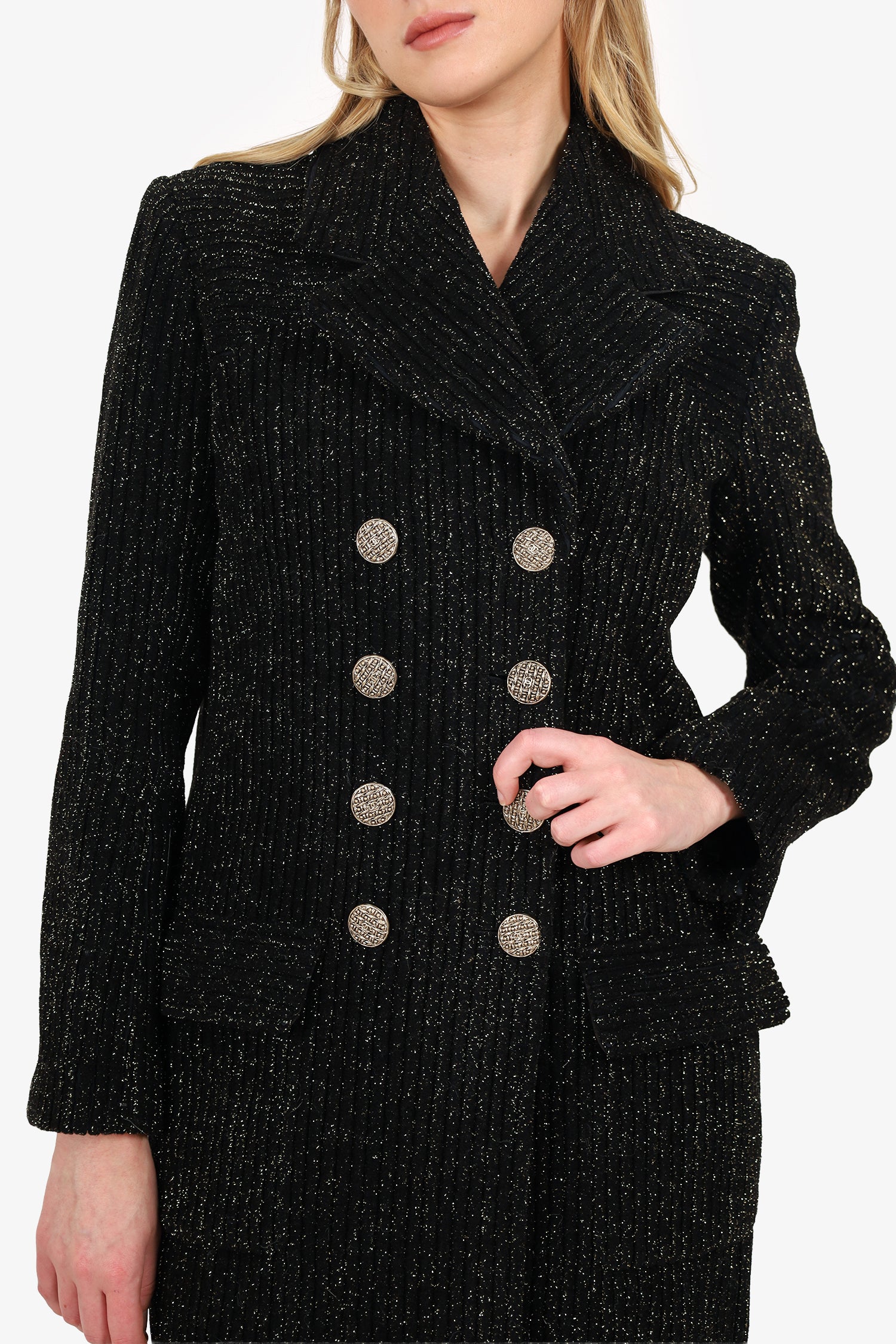 Pre-Loved Chanel™ Misty Forest Series Black/Gold Metallic Long Coat Size 36