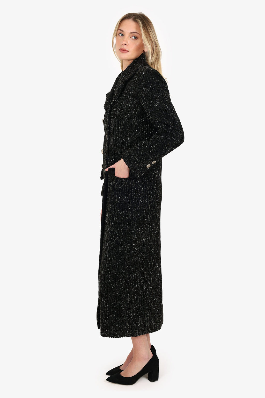 Pre-Loved Chanel™ Misty Forest Series Black/Gold Metallic Long Coat Size 36