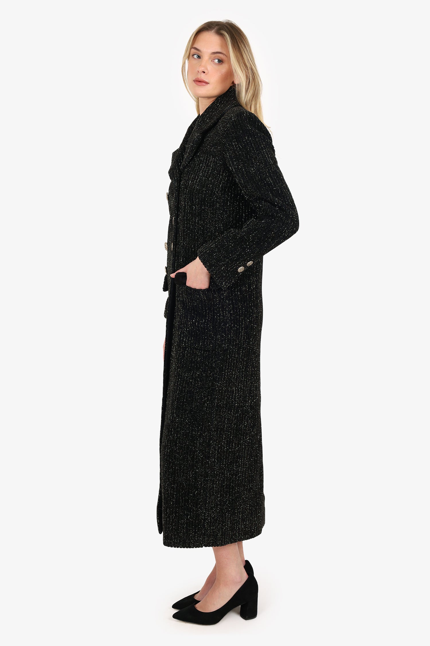 Pre-Loved Chanel™ Misty Forest Series Black/Gold Metallic Long Coat Size 36
