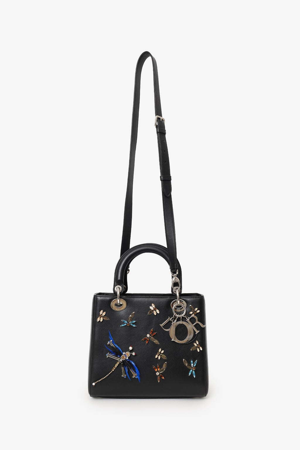 Christian Dior 2016 Black Smooth Calfskin Embellished Dragonfly Medium Lady Dior