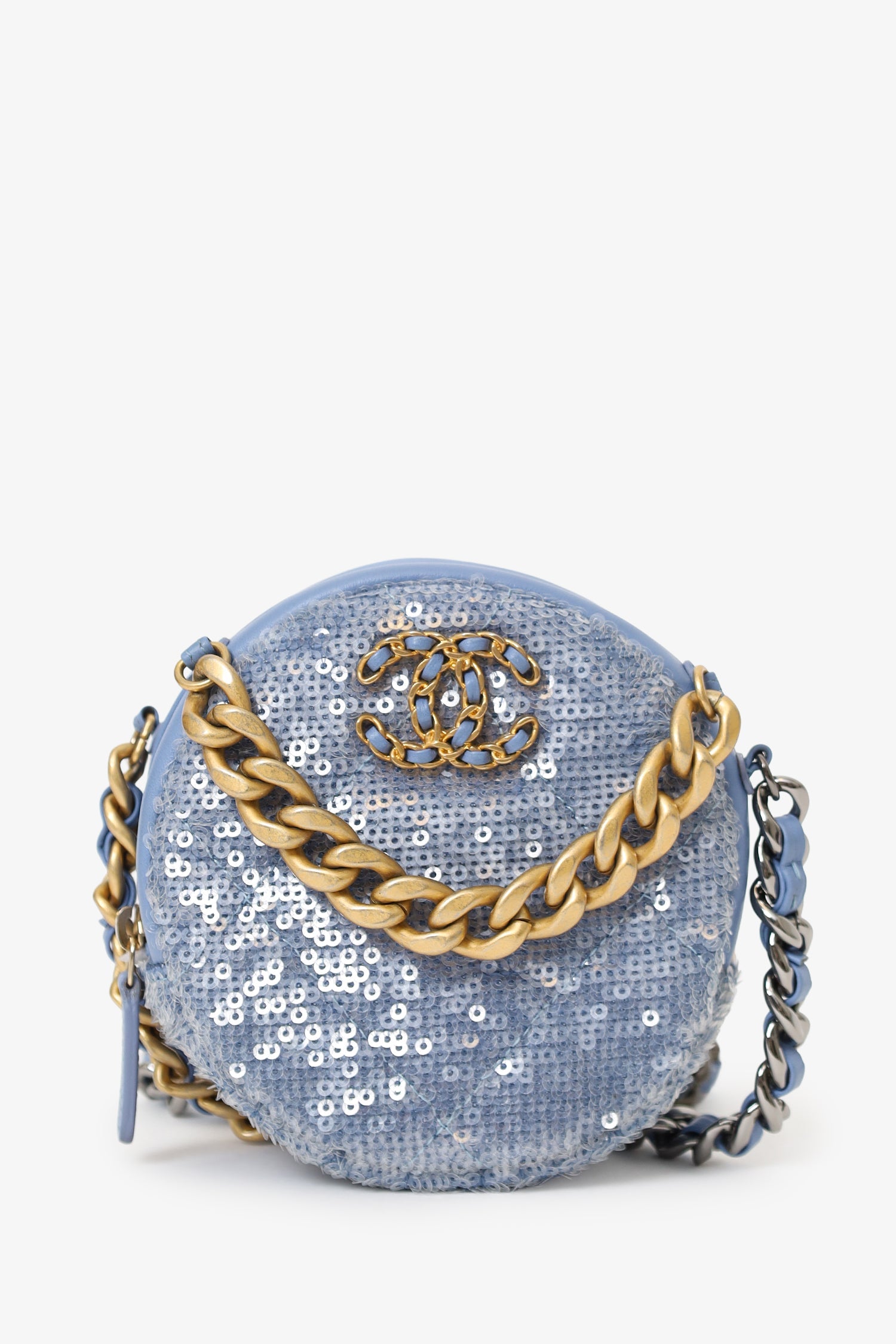 Pre-Loved Chanel™ 2020 Purple Sequin Chanel 19 Round Clutch Bag