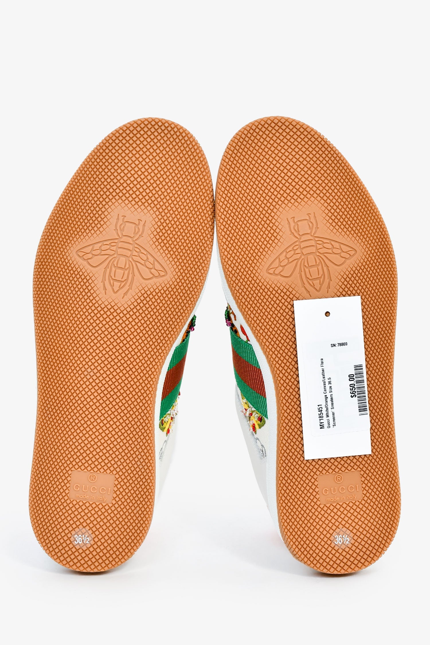 Gucci White/Orange Canvas/Leather Flora 'Screener' Sneakers Size 36.5
